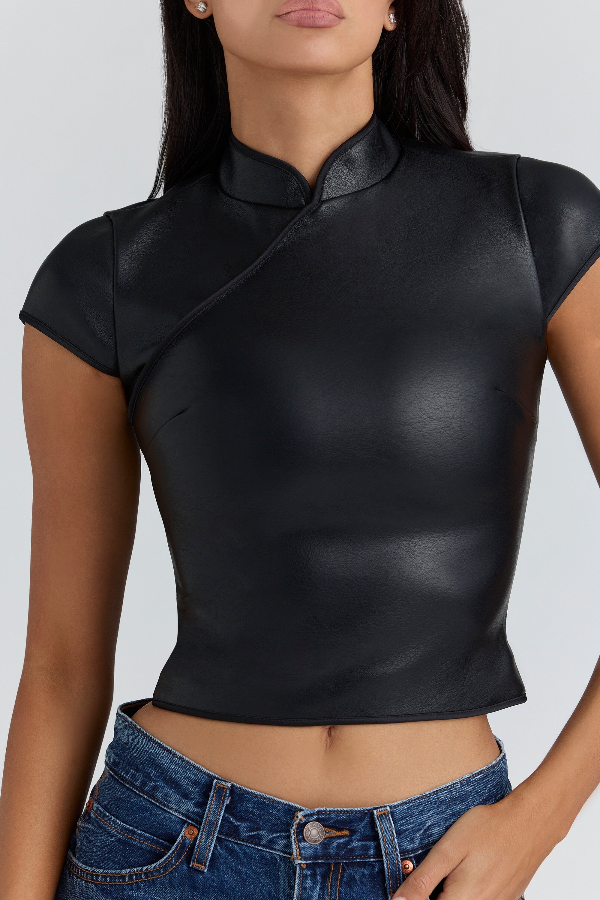 Bobbi  Black Vegan Leather Mandarin Collar Top — image 7