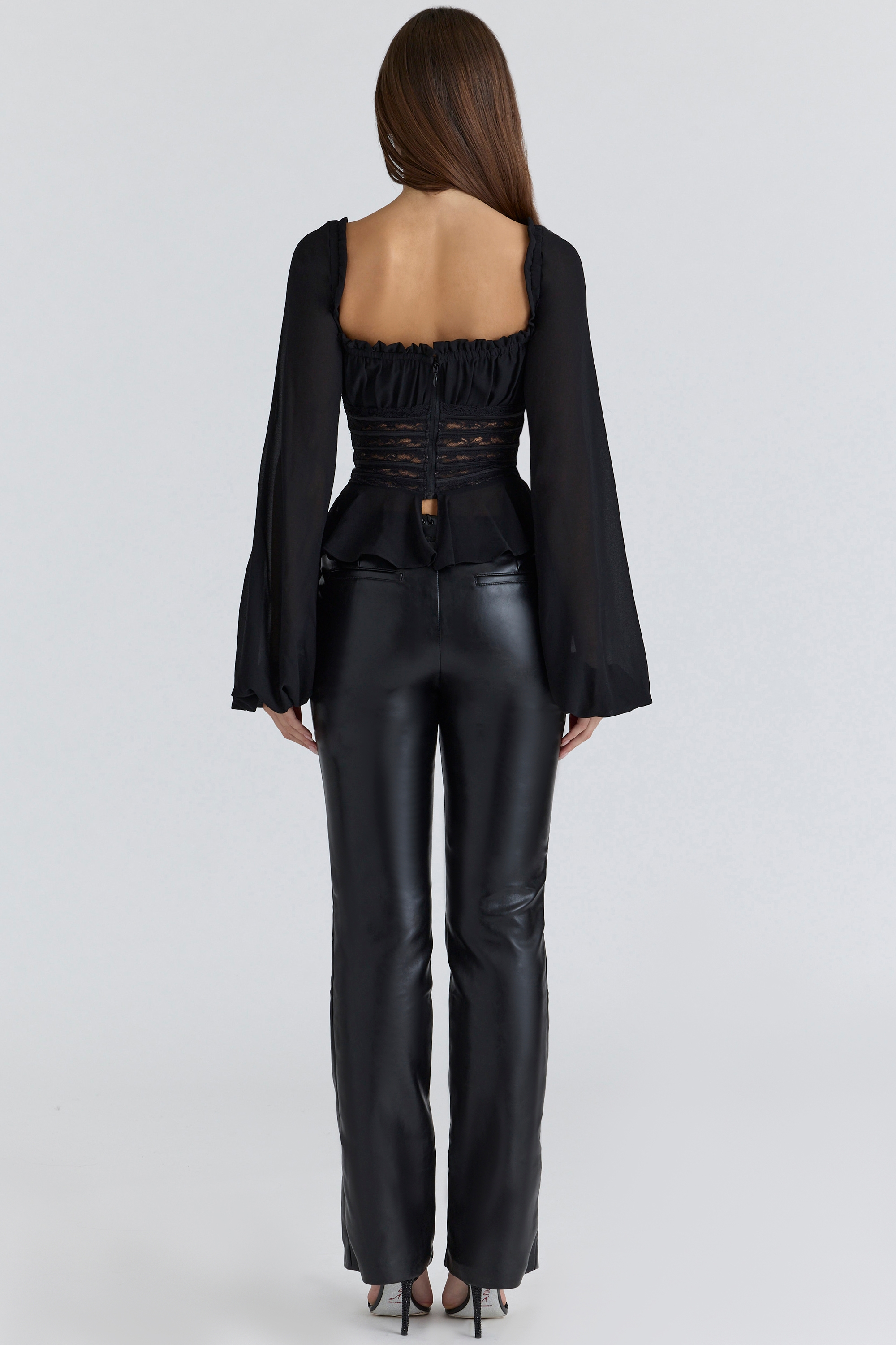Cara  Black Long Sleeve Georgette Peplum Top — image 10