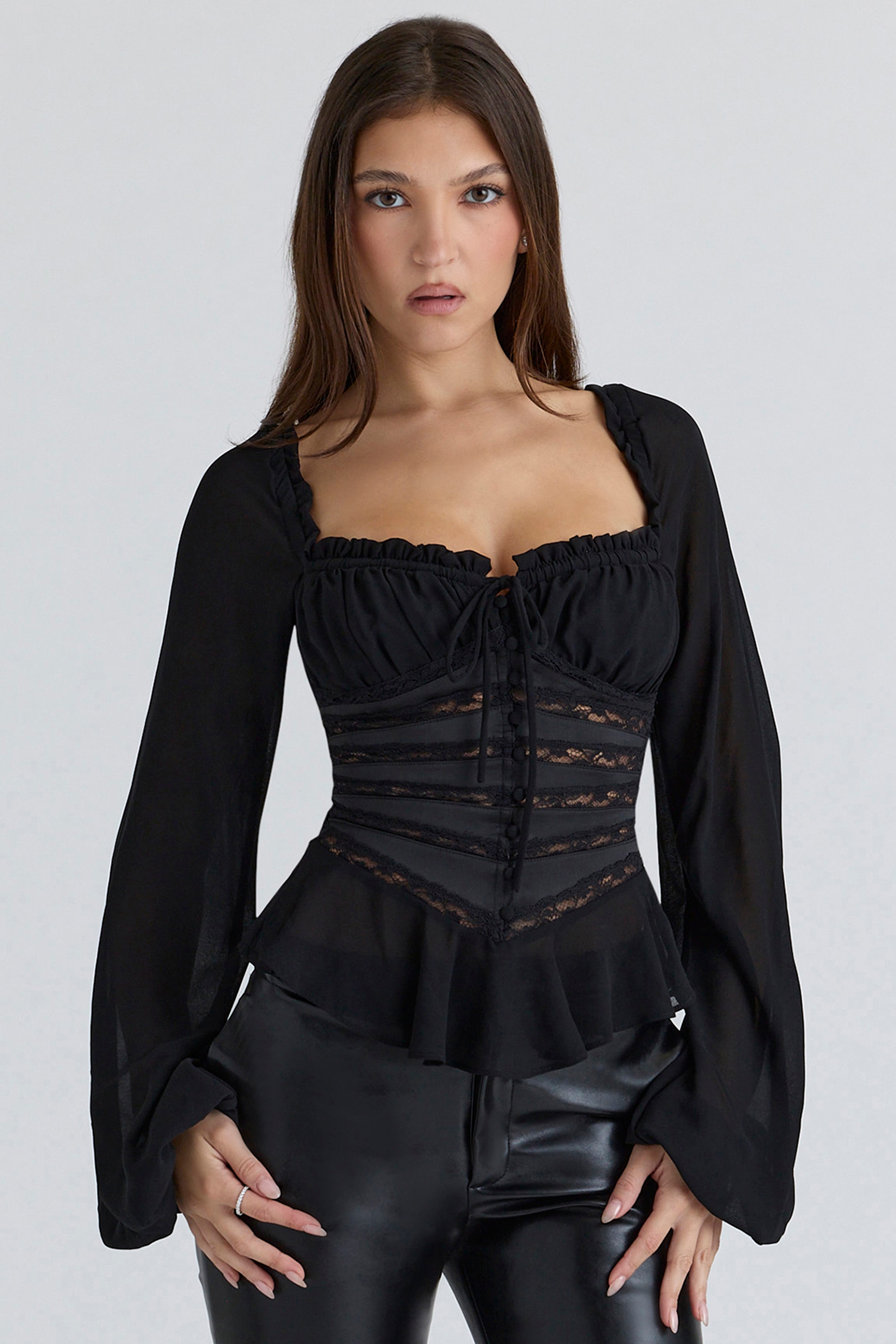 Cara  Black Long Sleeve Georgette Peplum Top — image 7