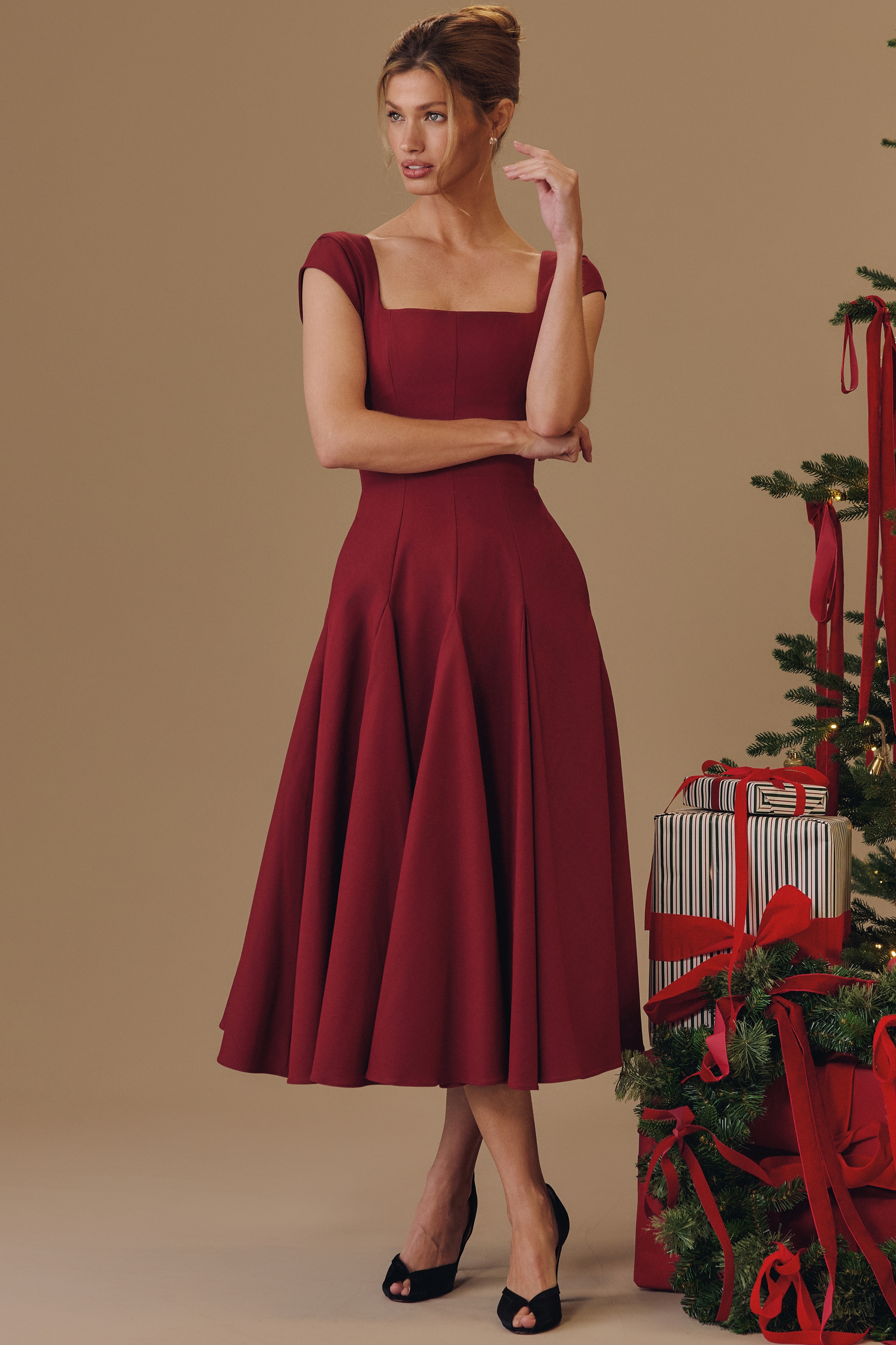 Raisa  Wine Lace Back Twill Midi Dress — image 2