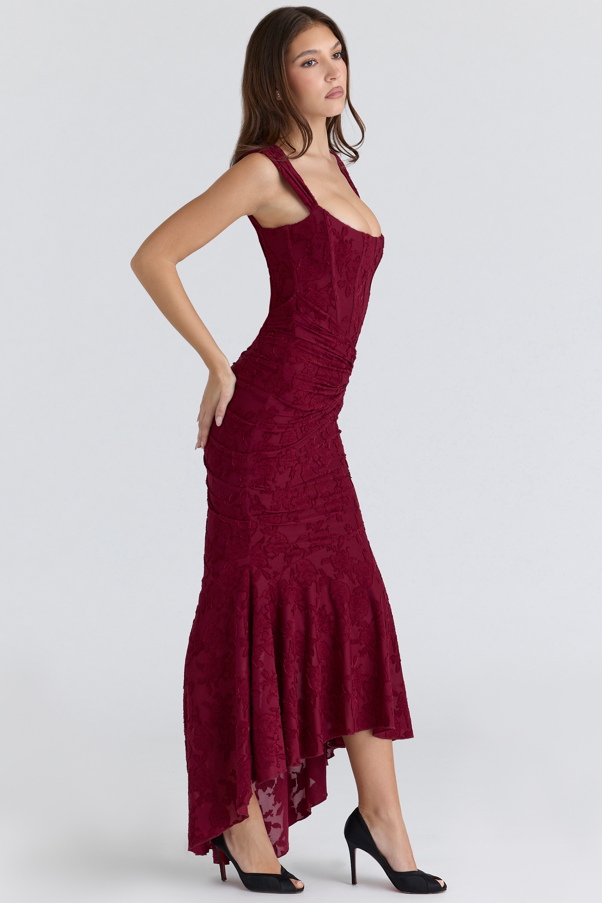 Cesca  Wine Floral Lace Corset Maxi Dress — image 8