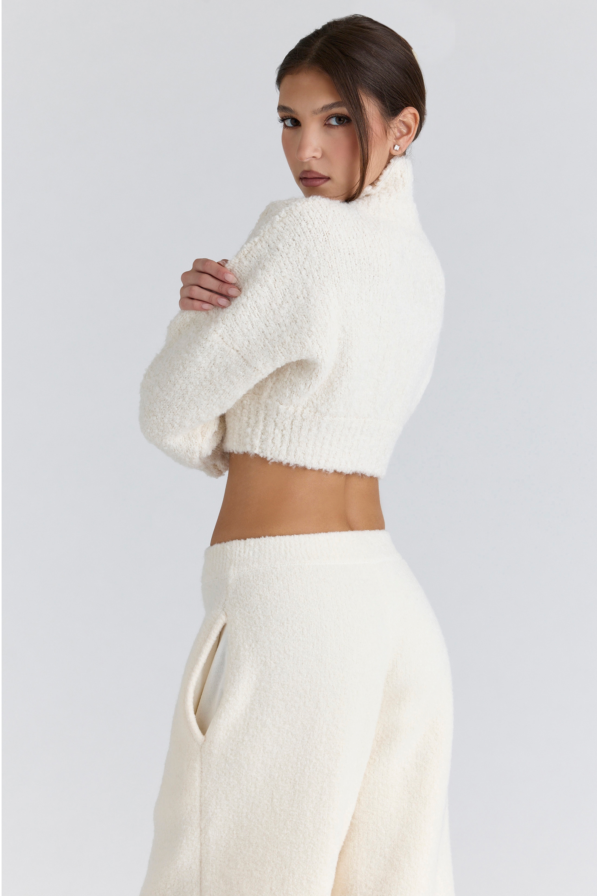 Cheyenne  Ivory Cropped Chunky Boucle Wool Knit Sweater — image 6
