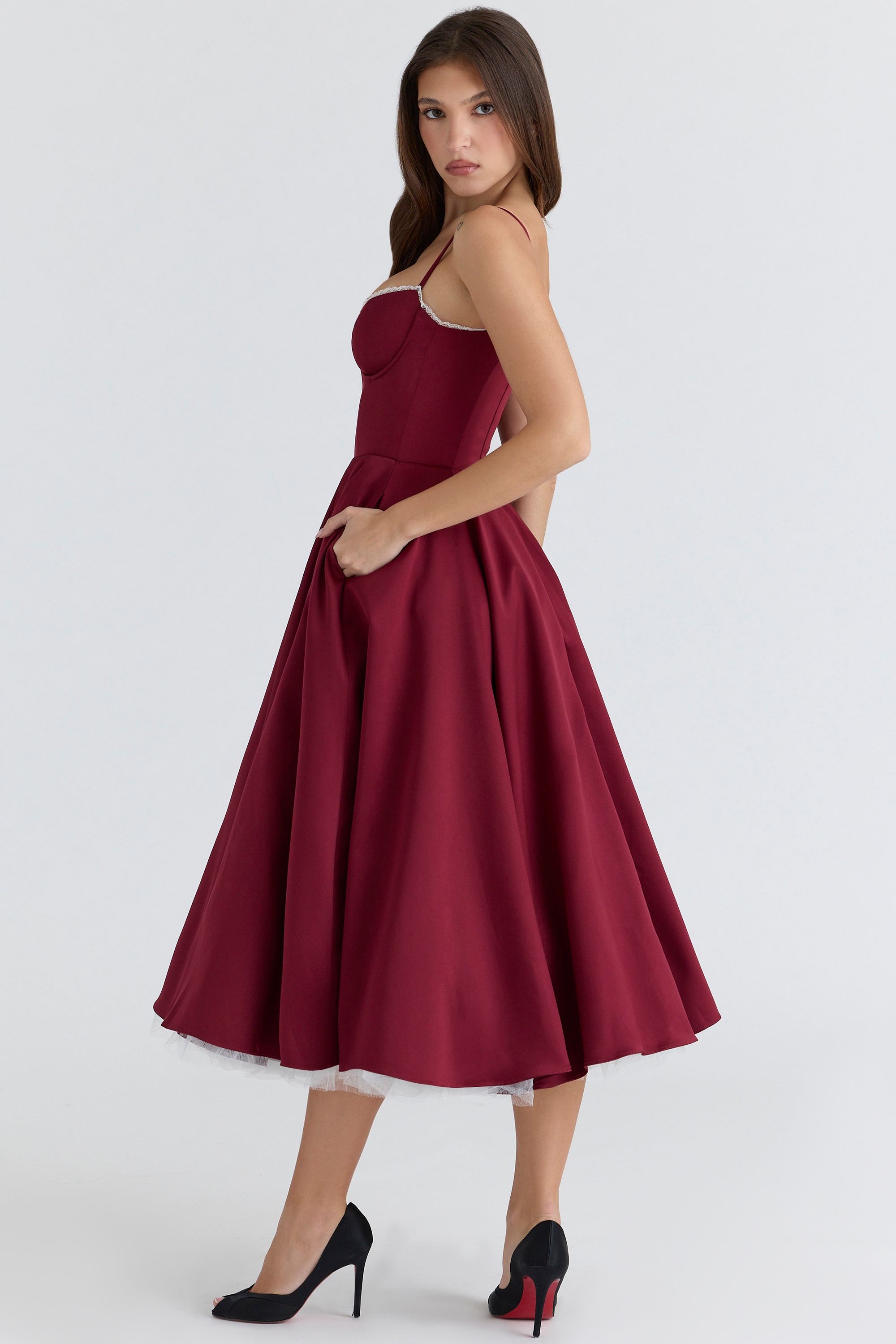 Mademoiselle  Wine Satin Tulle Midi Dress — image 10