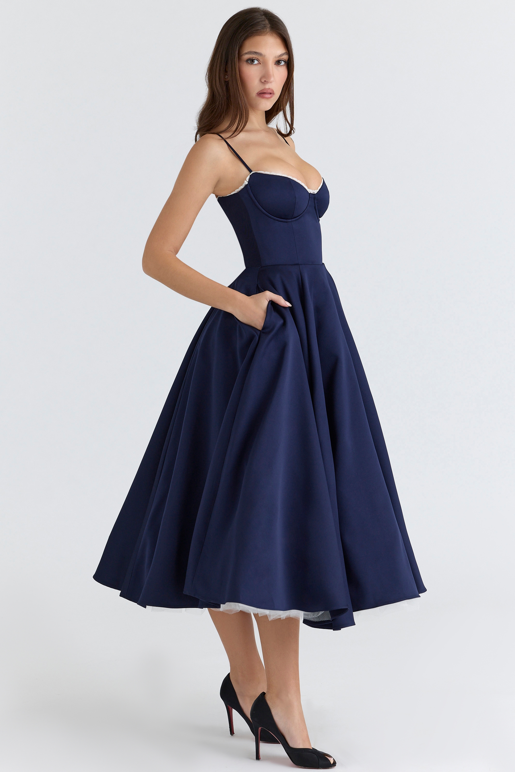 Mademoiselle  Navy Satin Tulle Midi Dress — image 9