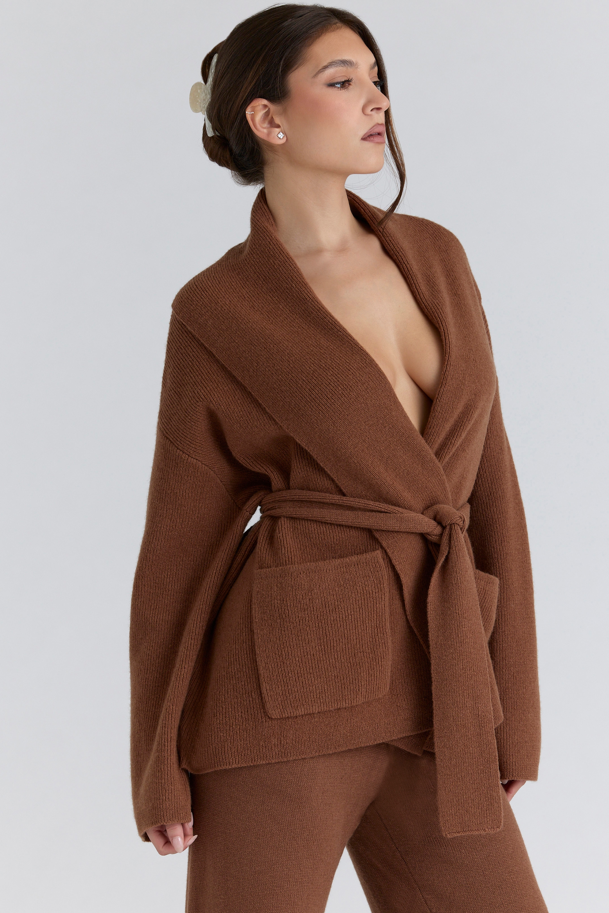 Madison  Tan Pure Wool Draped Front Cardigan — image 6