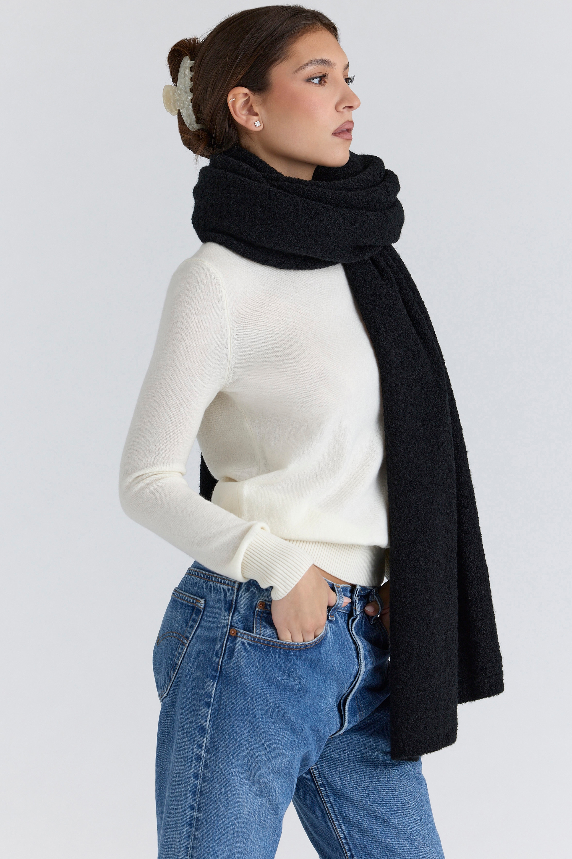 Nara  Black Wool Oversized Textured Scarf — image 7
