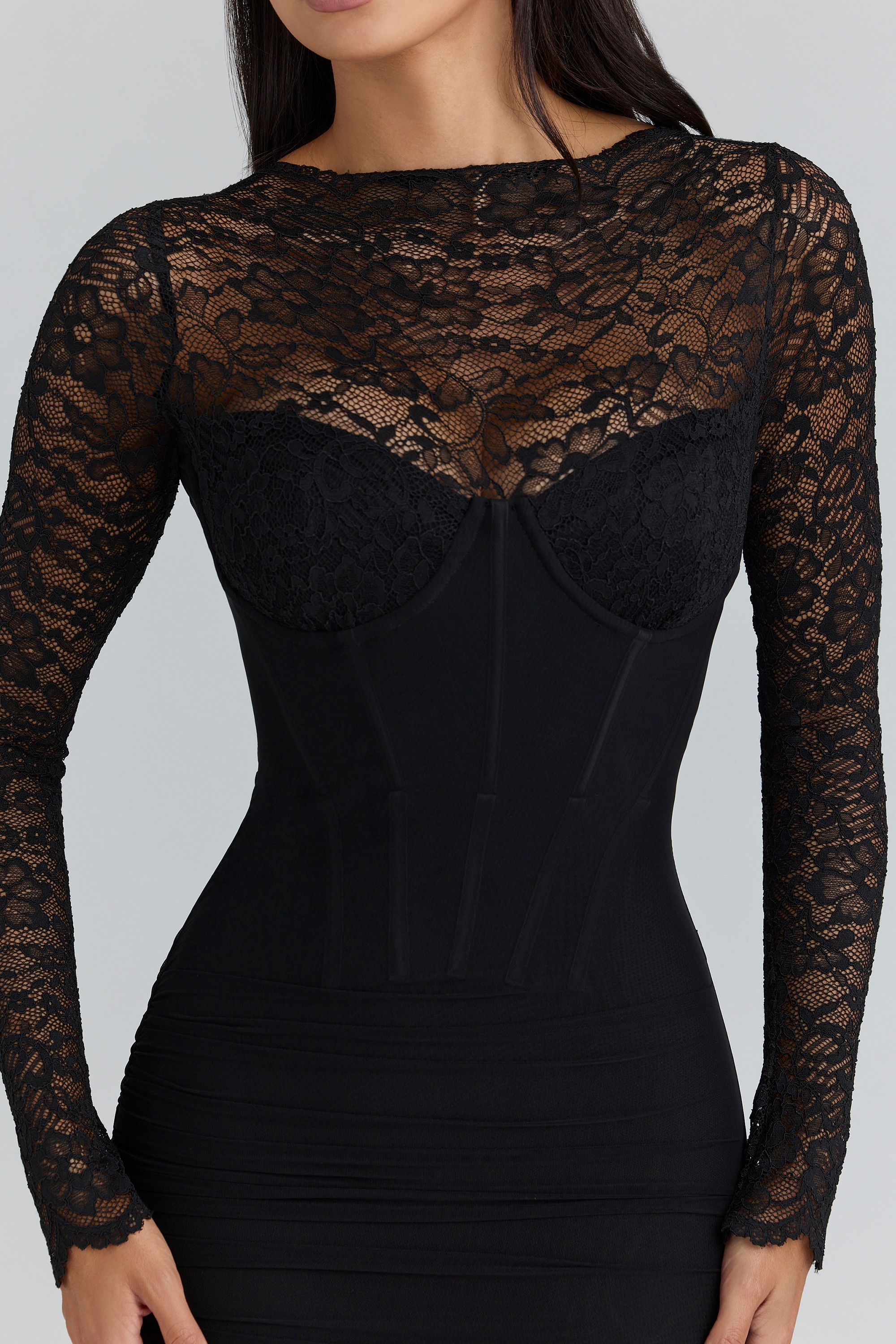 Shiloh  Black Lace Long Sleeved Corset Maxi Dress — image 8
