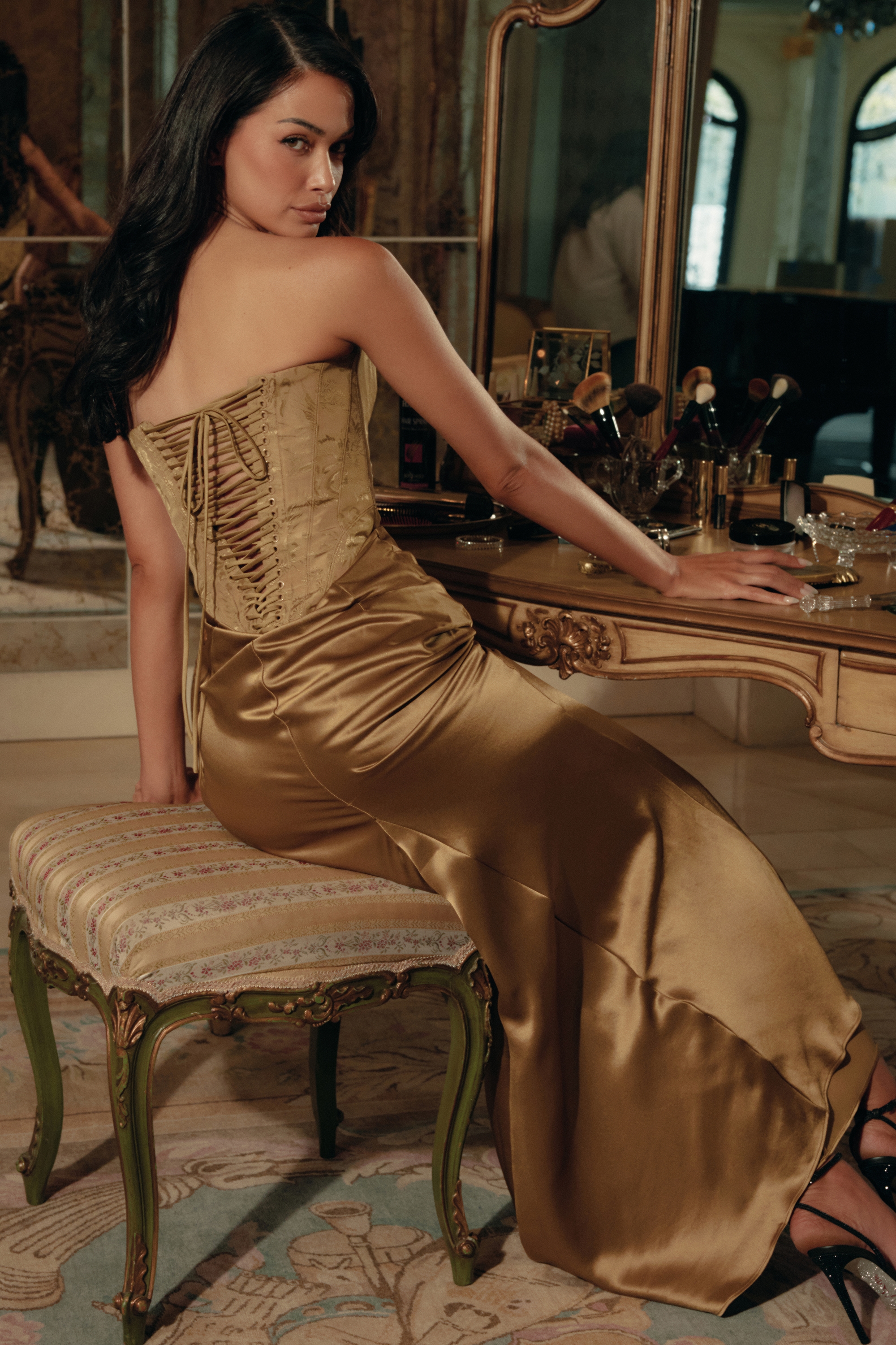 Aurelia  Bronze Brocade Satin Corset Maxi Dress — image 6