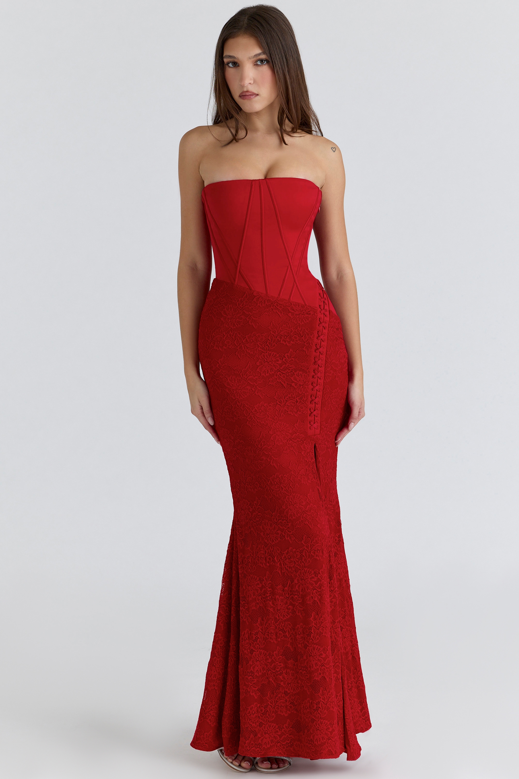 Valerie  Red Satin Lace Strapless Maxi Dress — image 7