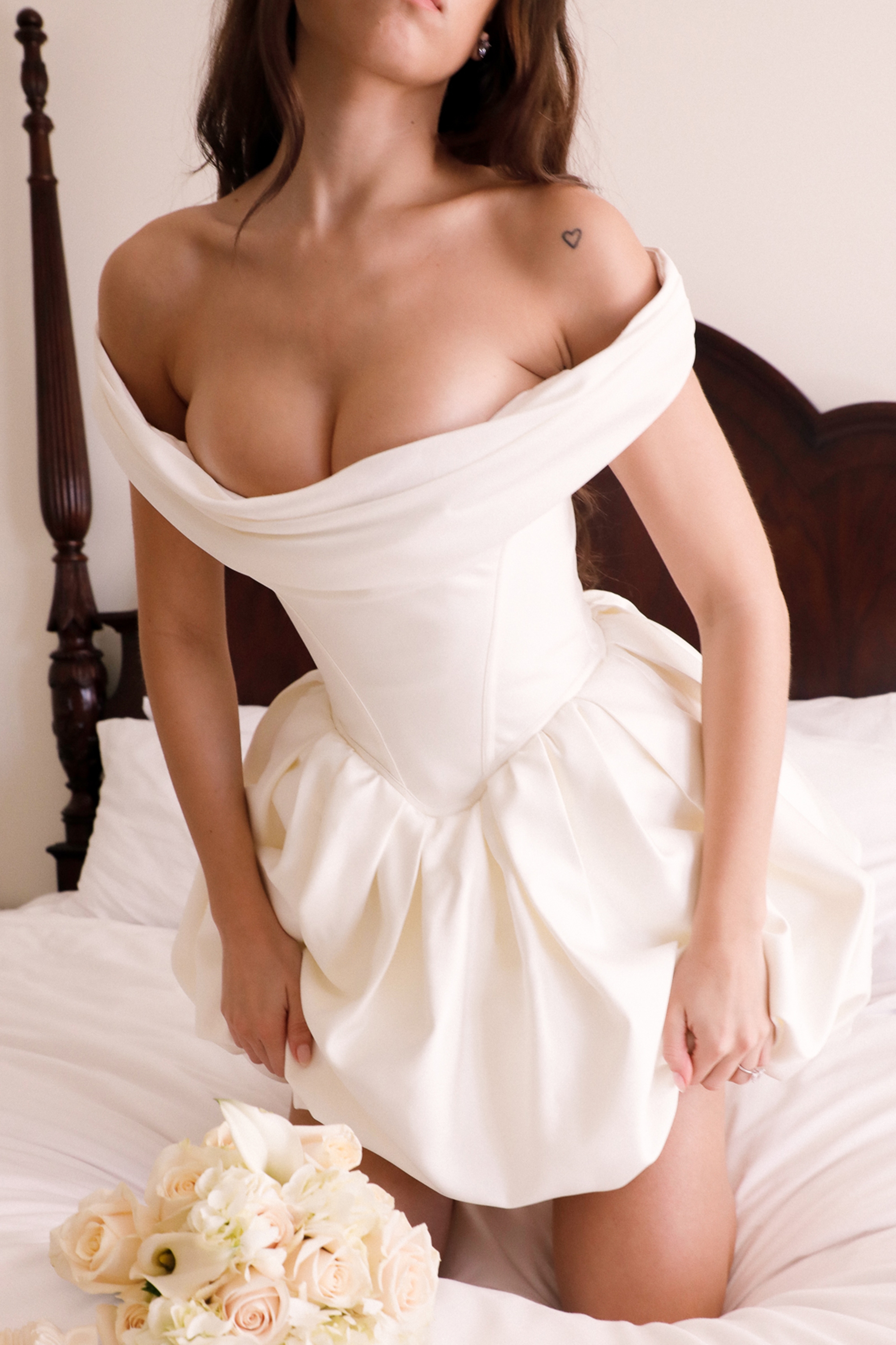 Leonora  Ivory Satin Off Shoulder Mini Bridal Gown — image 10