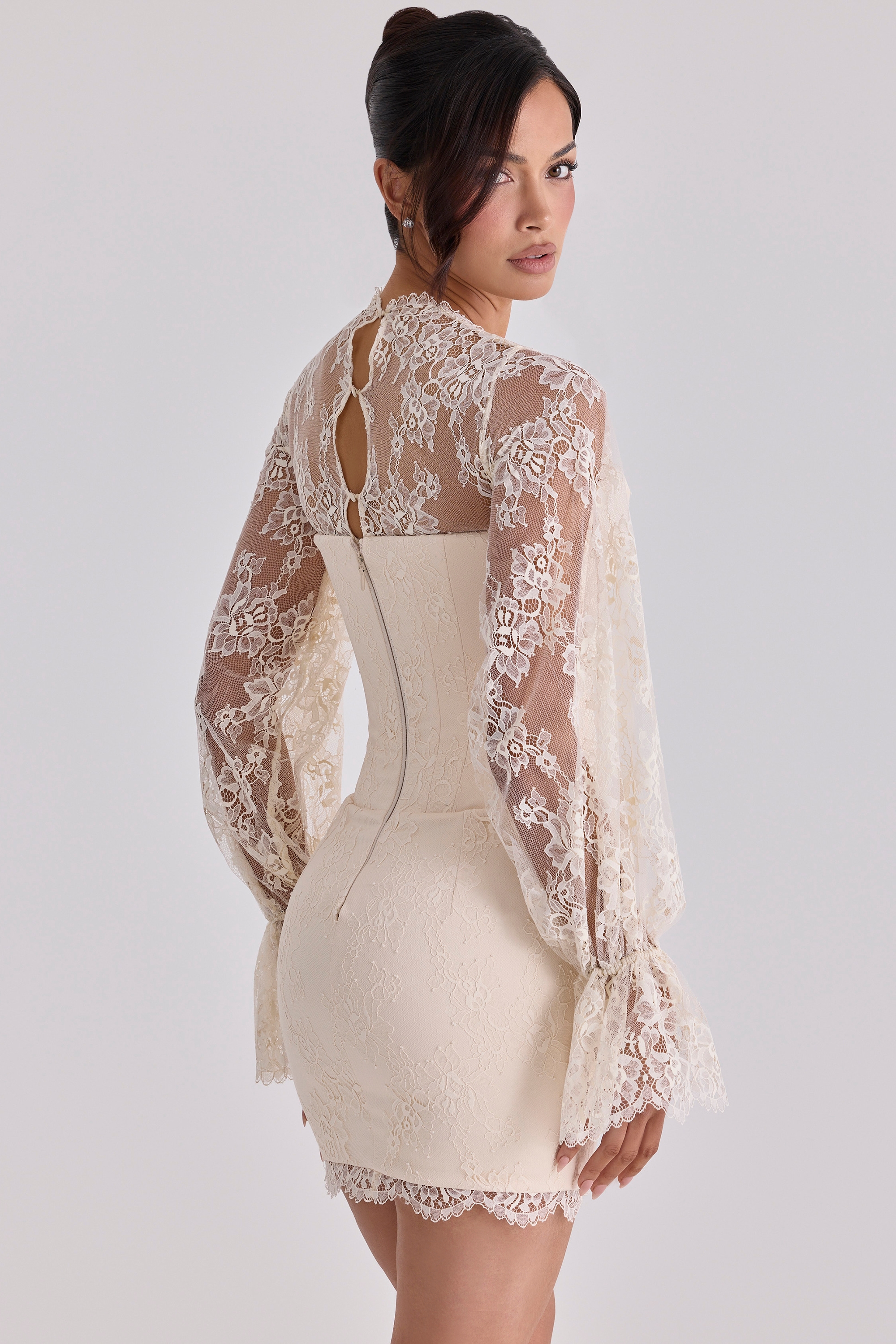 Aliana  Vintage Ivory Lace Long Sleeve Mini Corset Dress — image 8