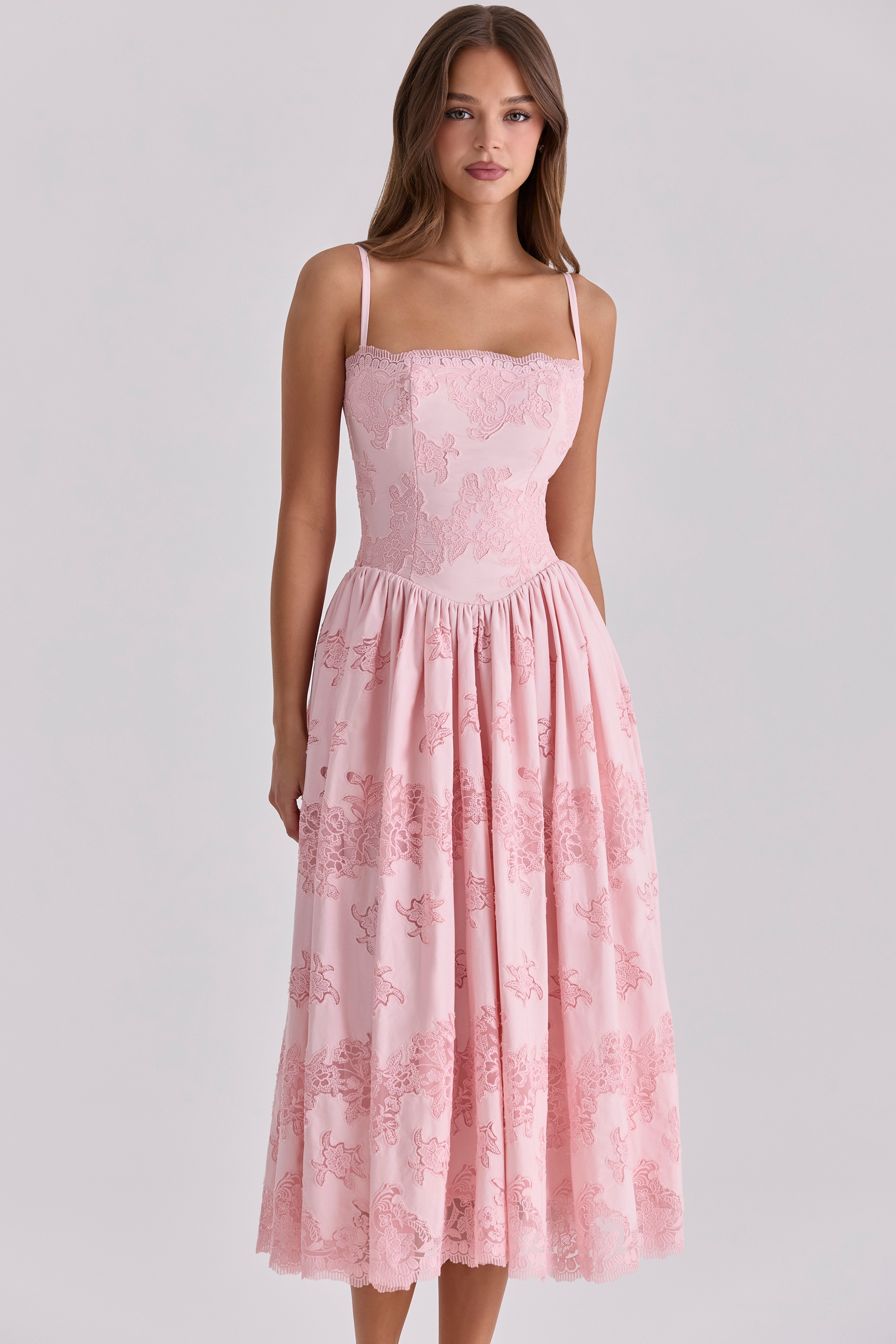 Chloe  Pink Cotton Broderie Anglais Lace Midi Sundress — image 5