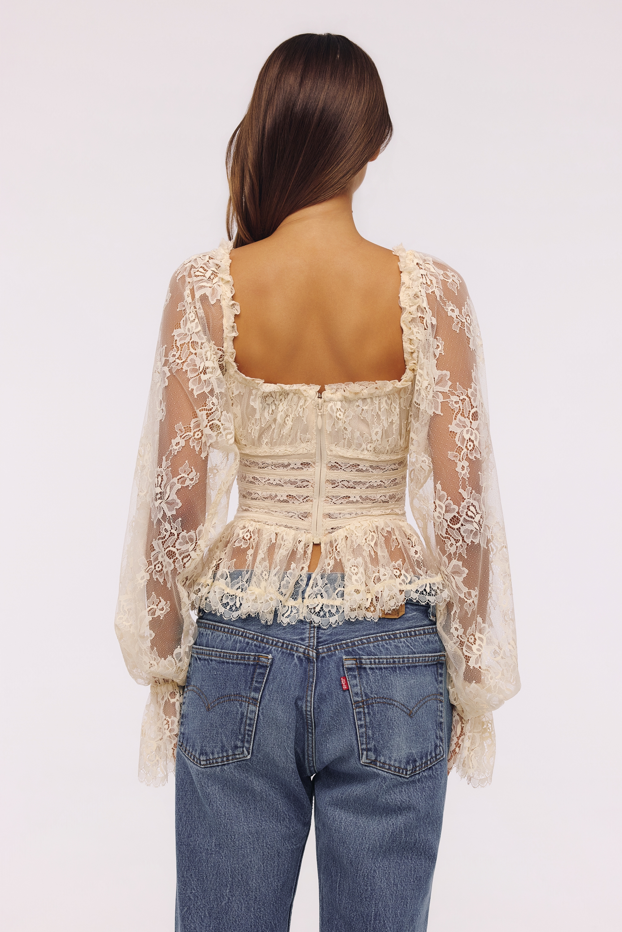 Cara  Vintage Ivory Long Sleeve Lace Peplum Top — image 8