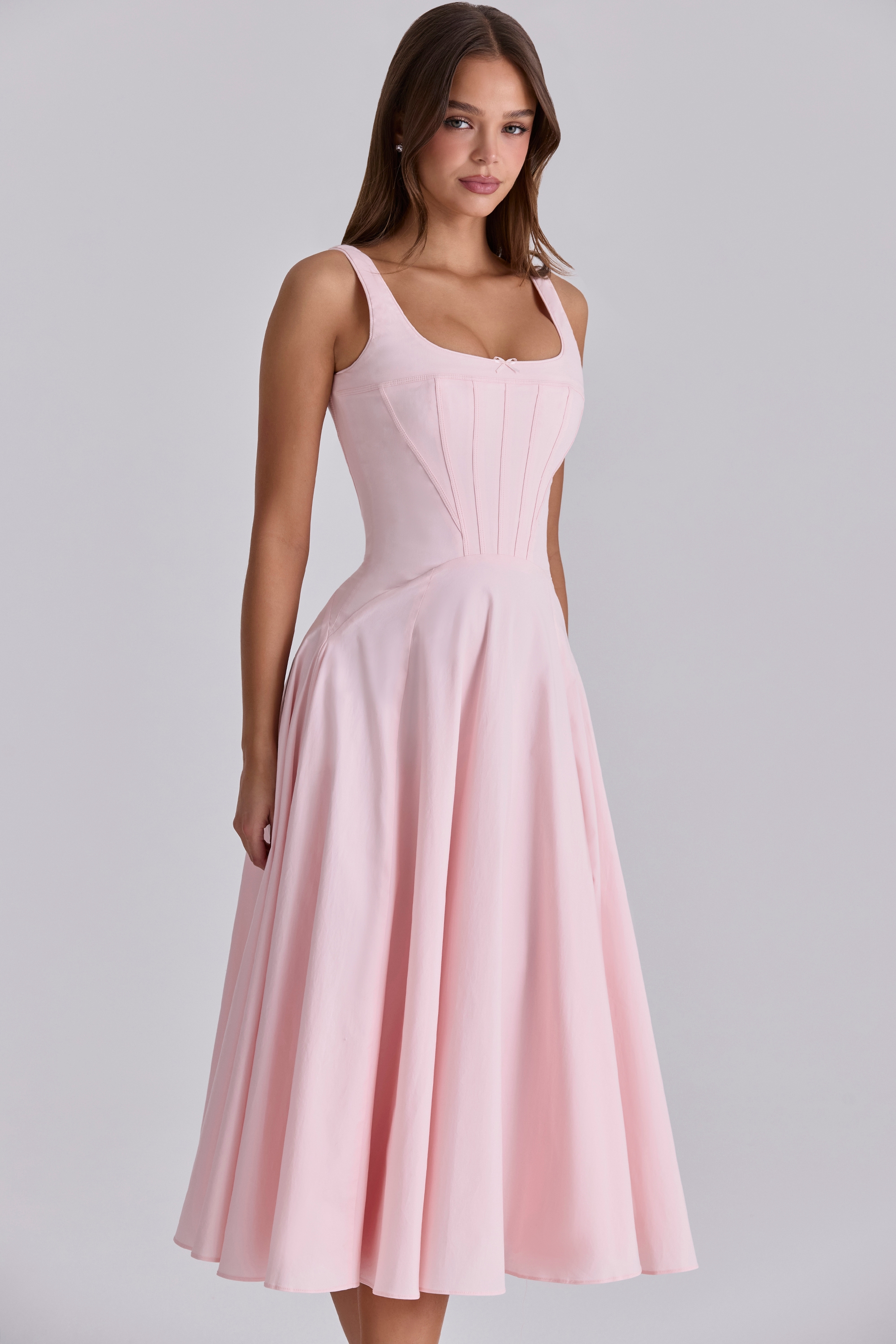 Jaime  Pink Cotton Lace Up Midi Sundress — image 6