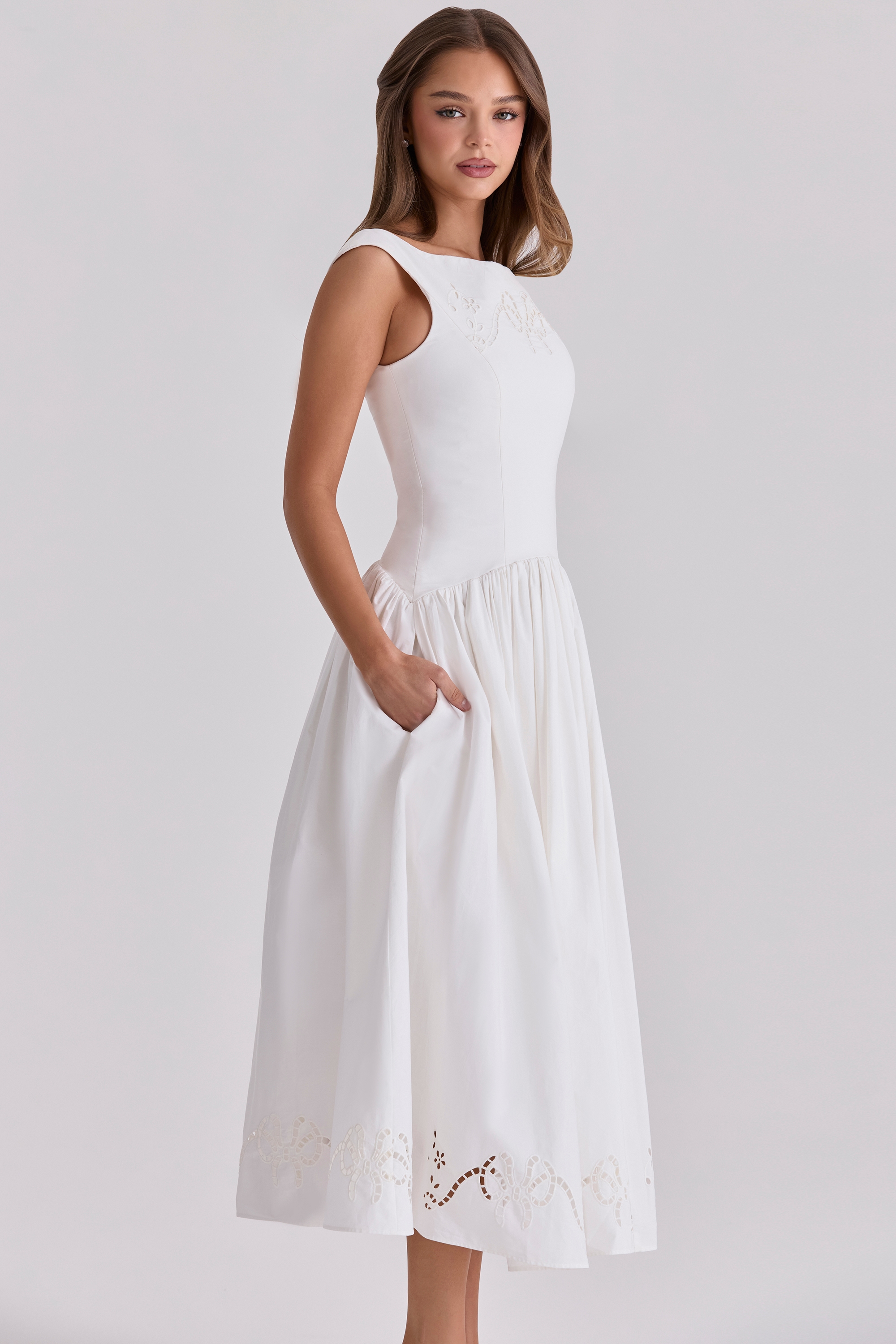 Lauren  White Cotton Broderie Anglaise Boat Neck Maxi Dress — image 8