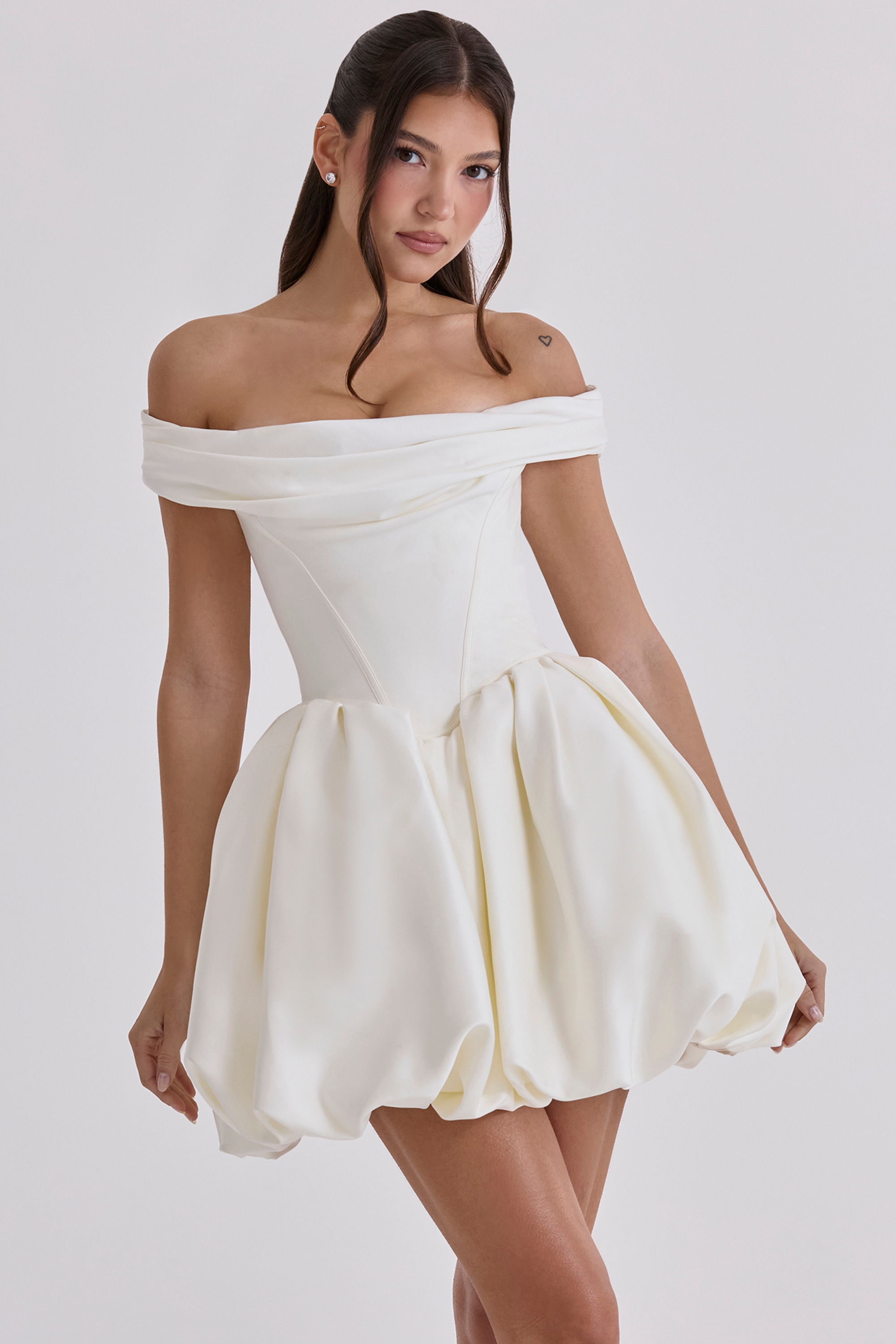 Leonora Ivory Satin Off Shoulder Mini Bridal Gown