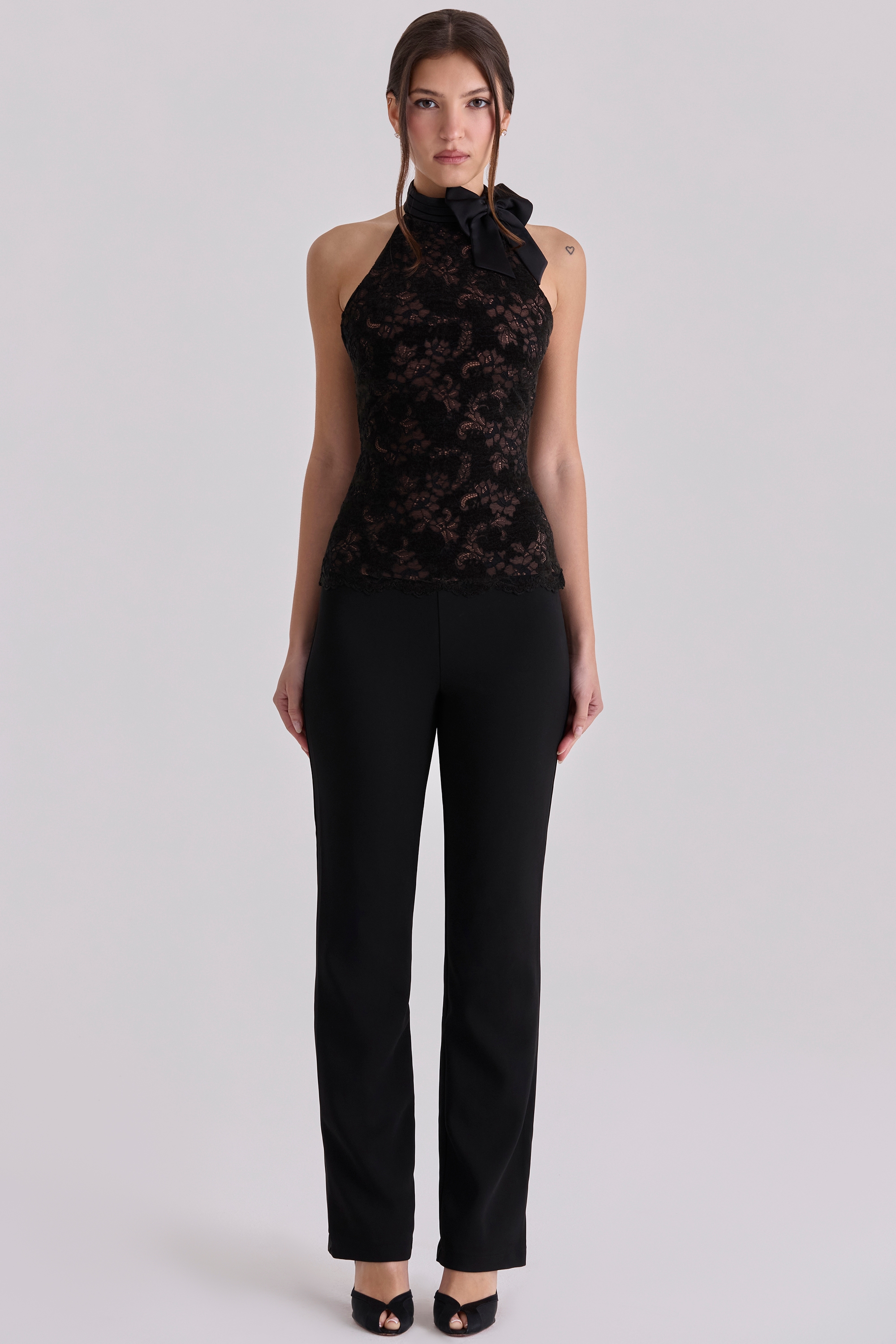 Natalya  Black Lace High Neck Top With Detachable Bow — image 5