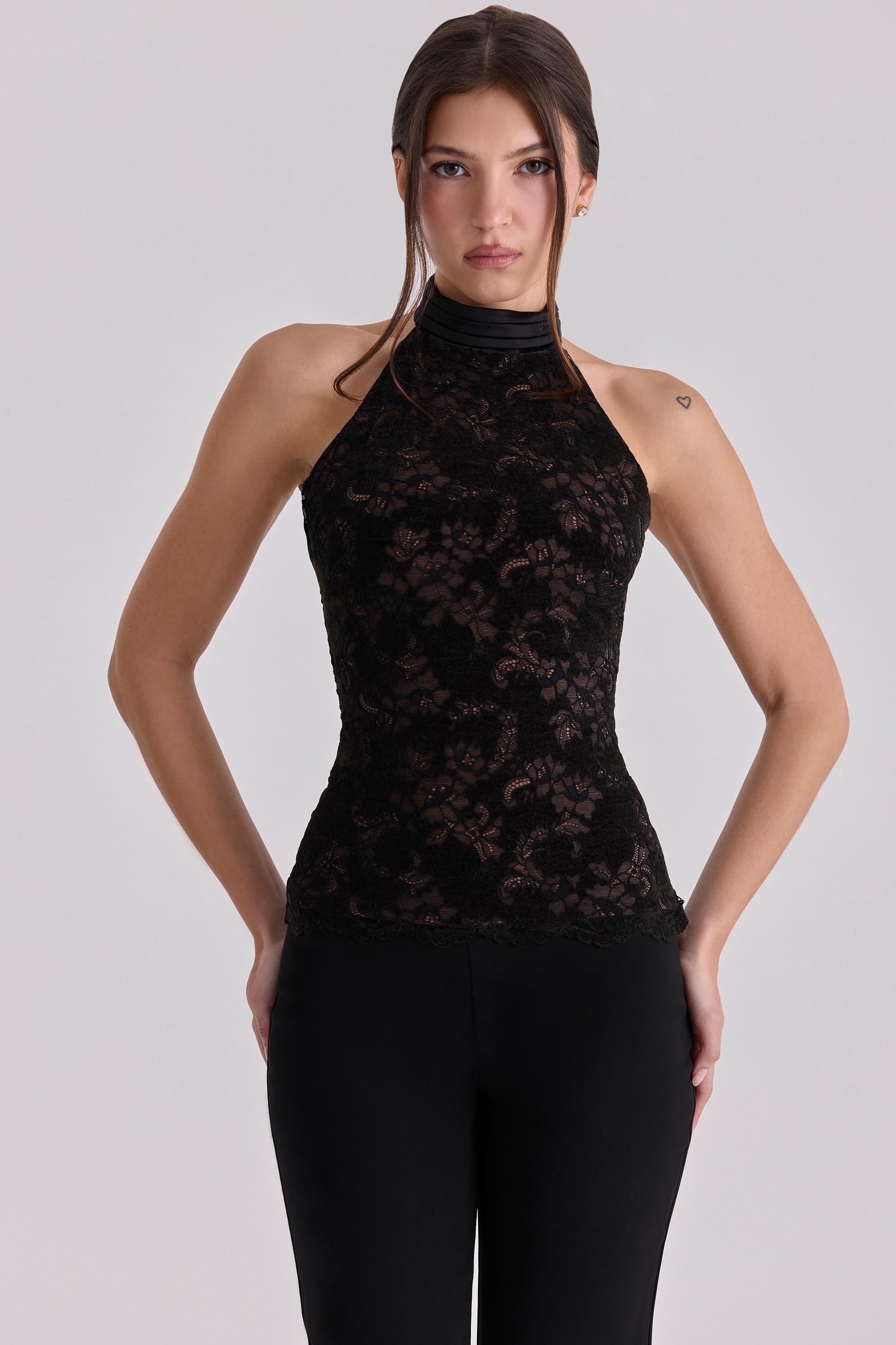 Natalya  Black Lace High Neck Top With Detachable Bow — image 3