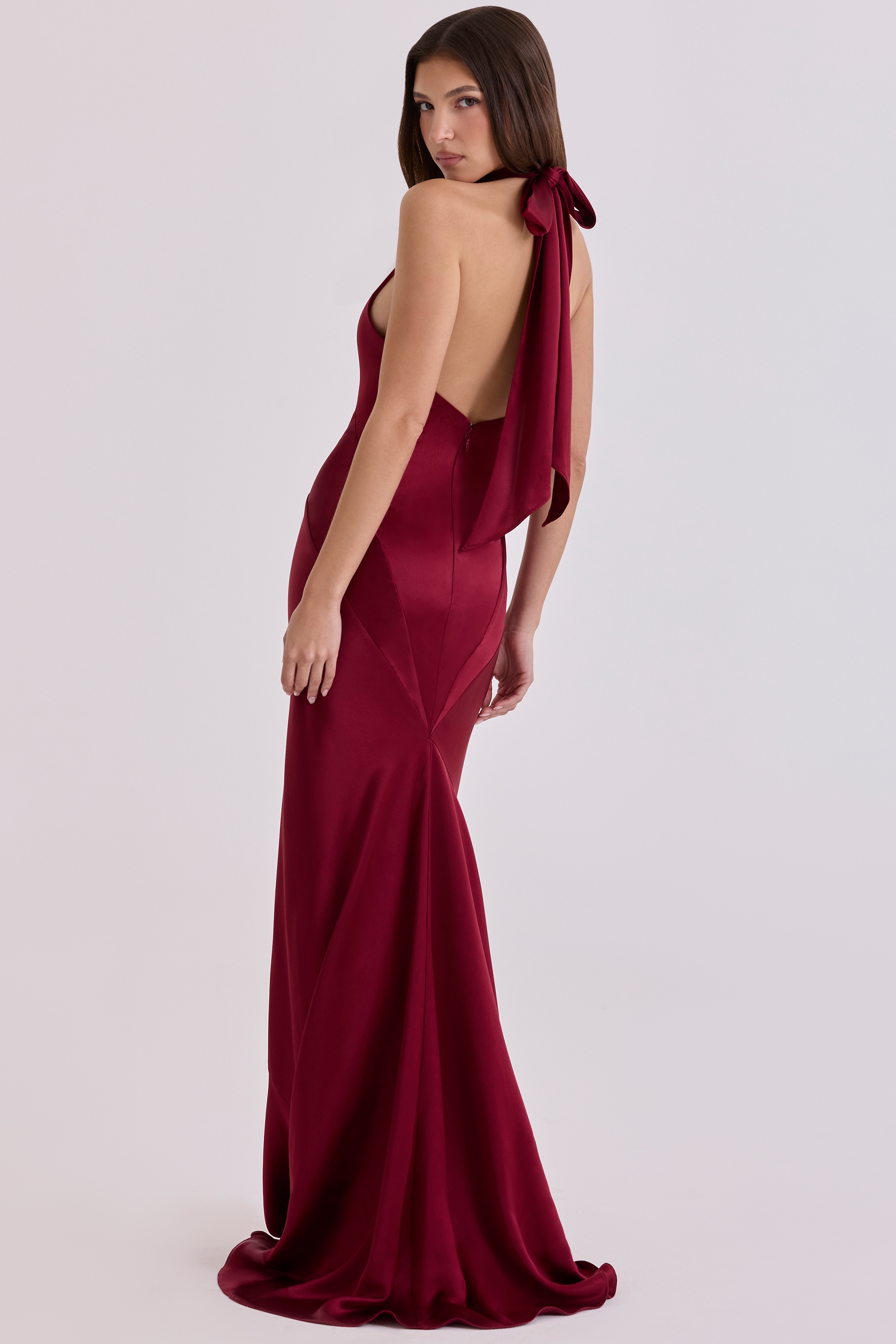 Oliviana  Wine Satin Halter Maxi Dress — image 9