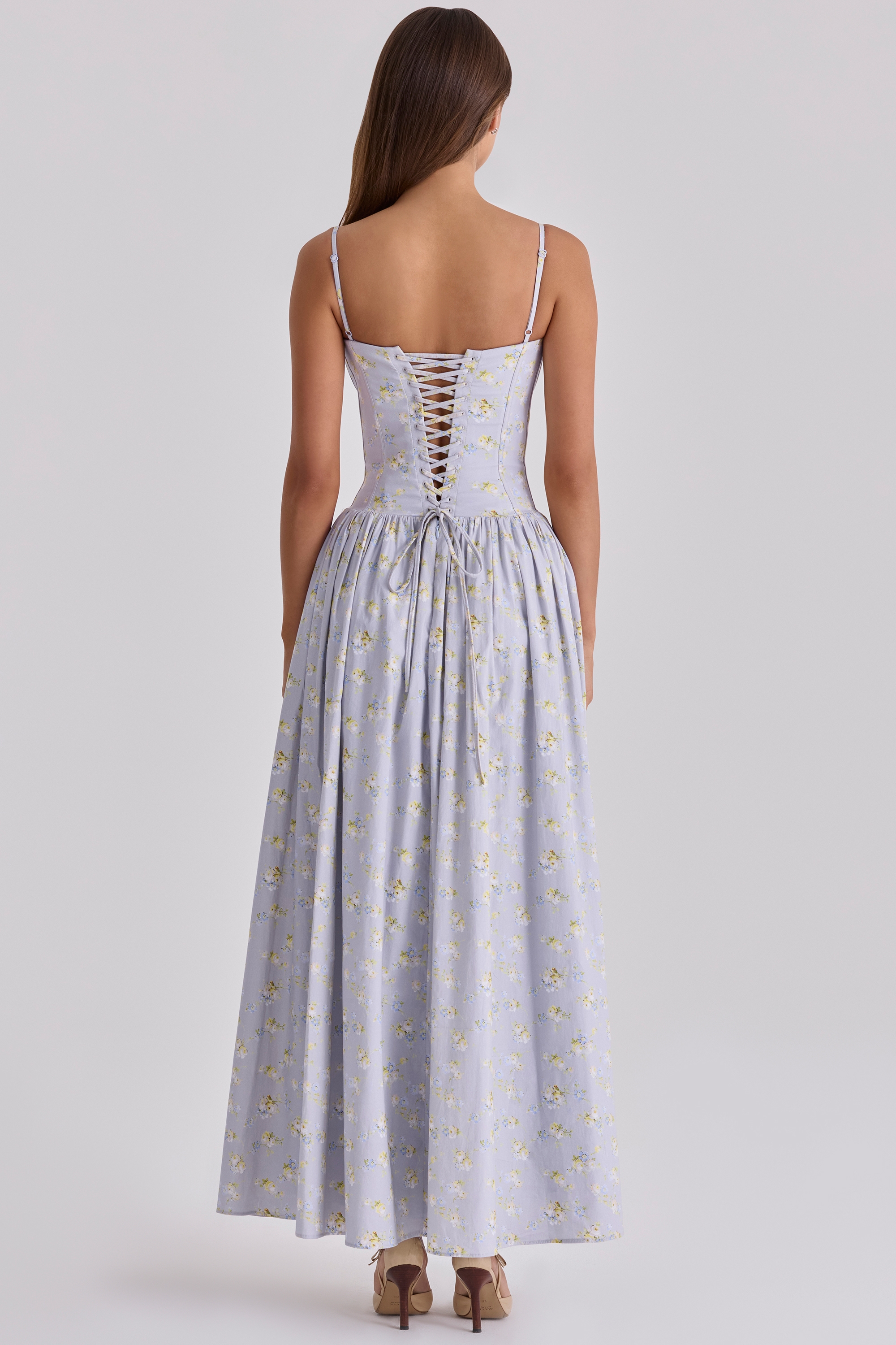 Rona  Blue Wildflower Print Cotton Lace Up Maxi Dress — image 7