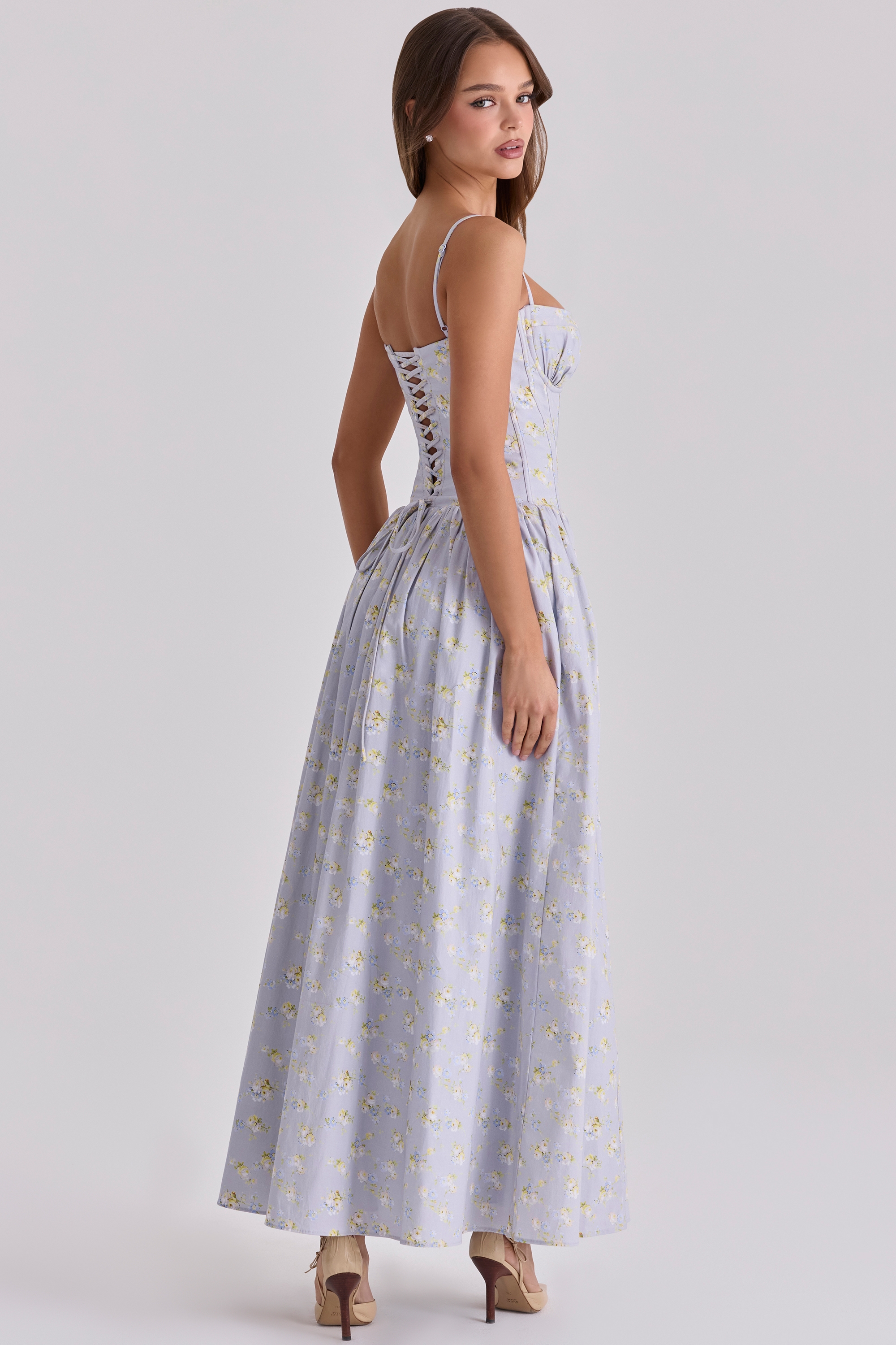Rona  Blue Wildflower Print Cotton Lace Up Maxi Dress — image 2