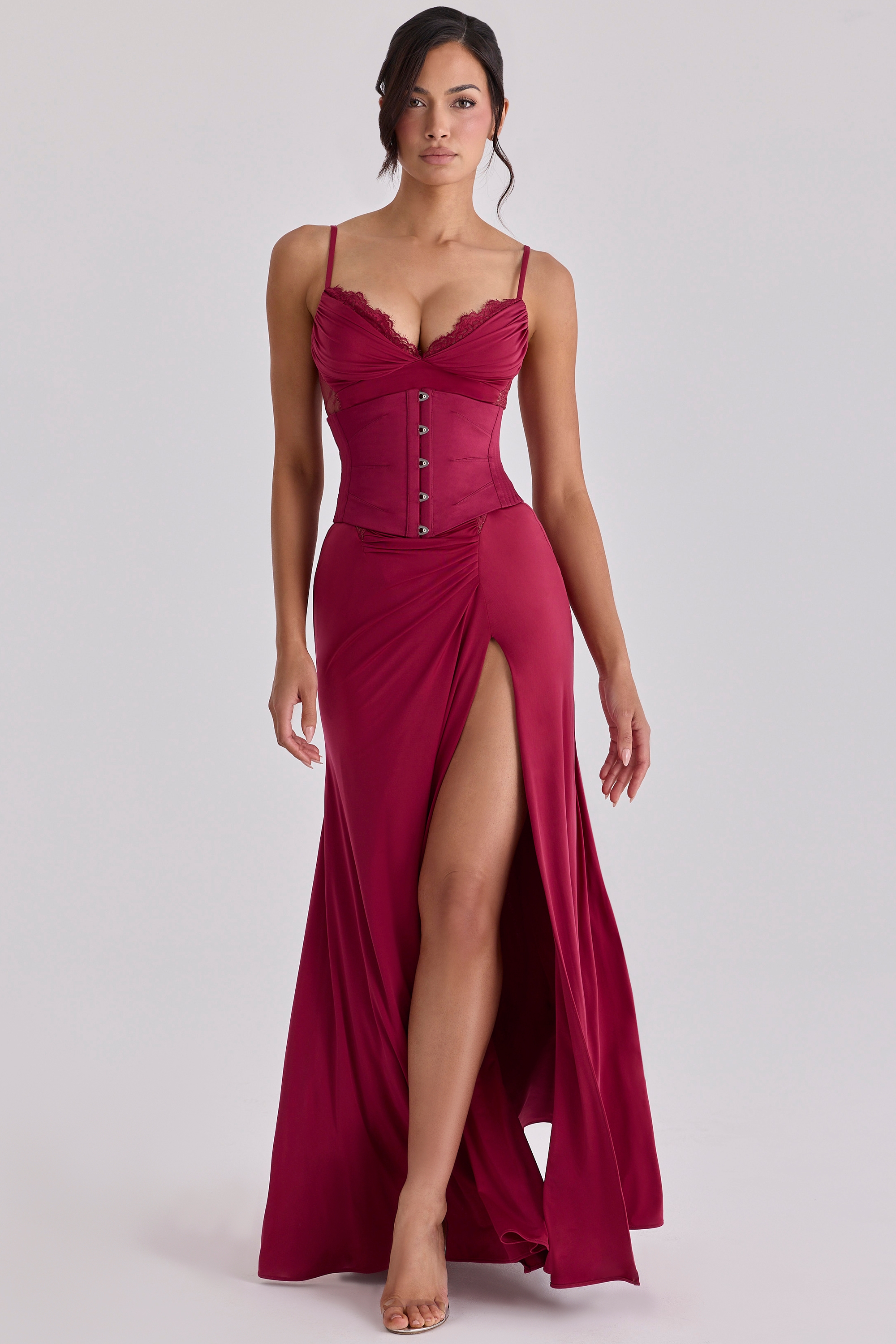 Sabrine  Wine Lace Trim Maxi Dress + Corset — image 7