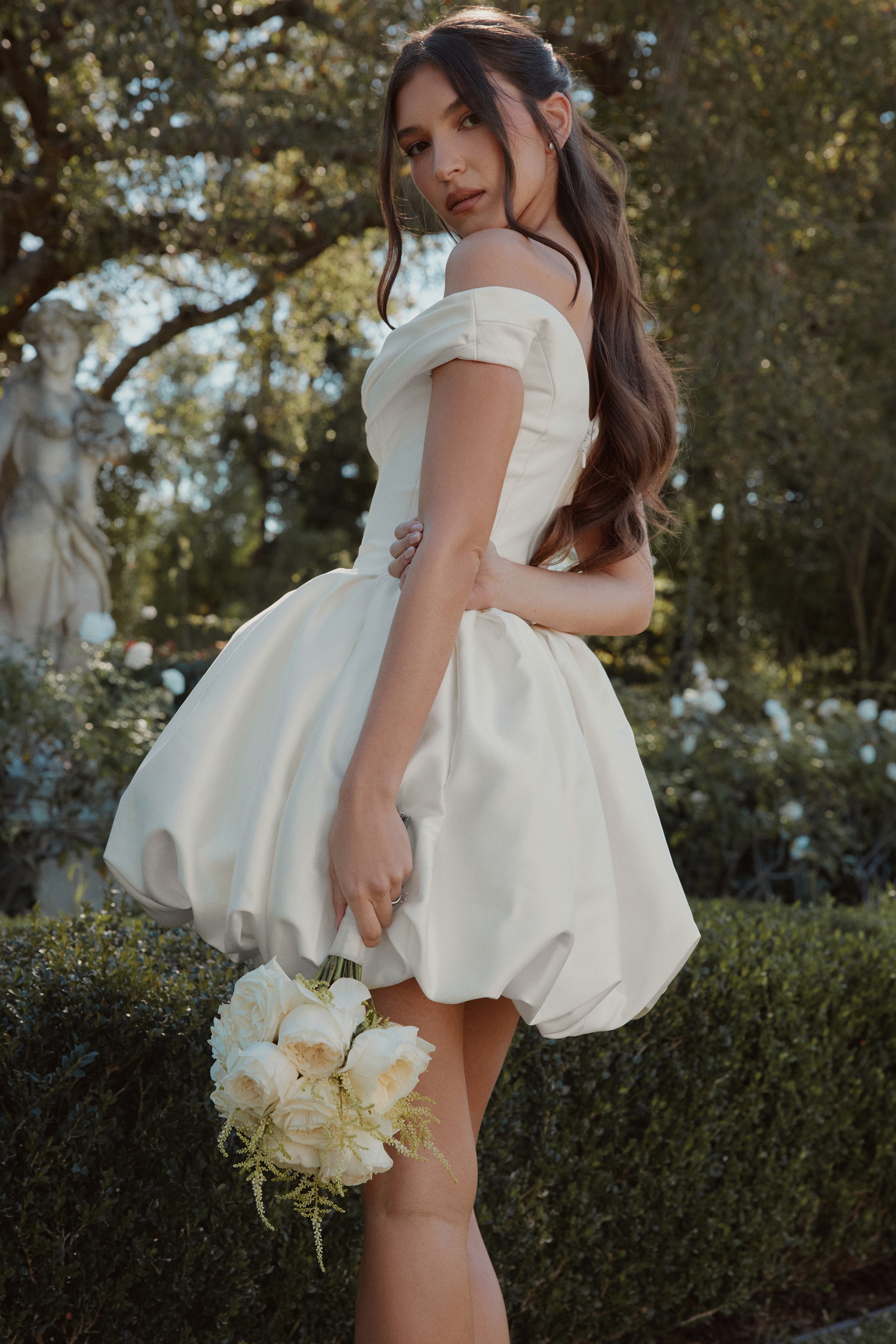 Leonora  Ivory Satin Off Shoulder Mini Bridal Gown — image 5