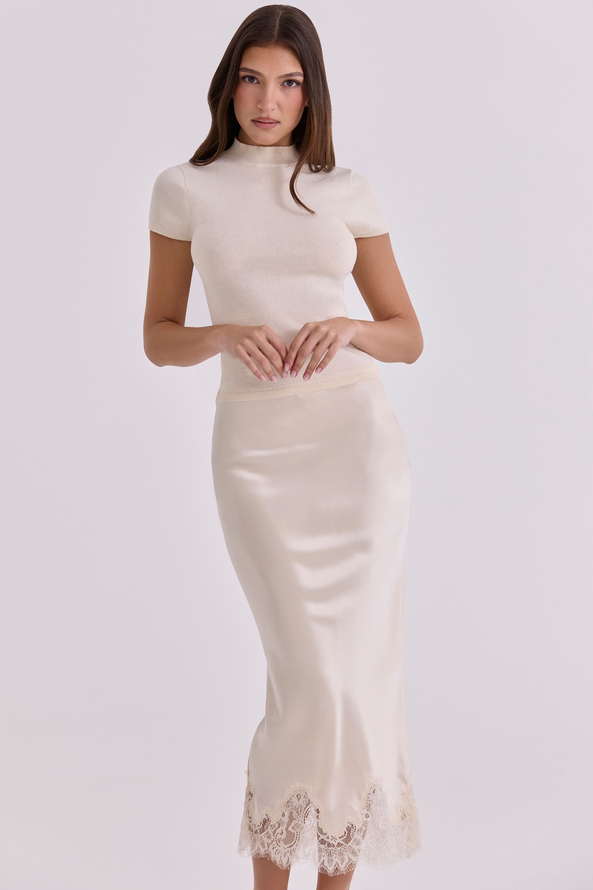 Ciara Vintage Ivory Satin + Lace Midi Skirt