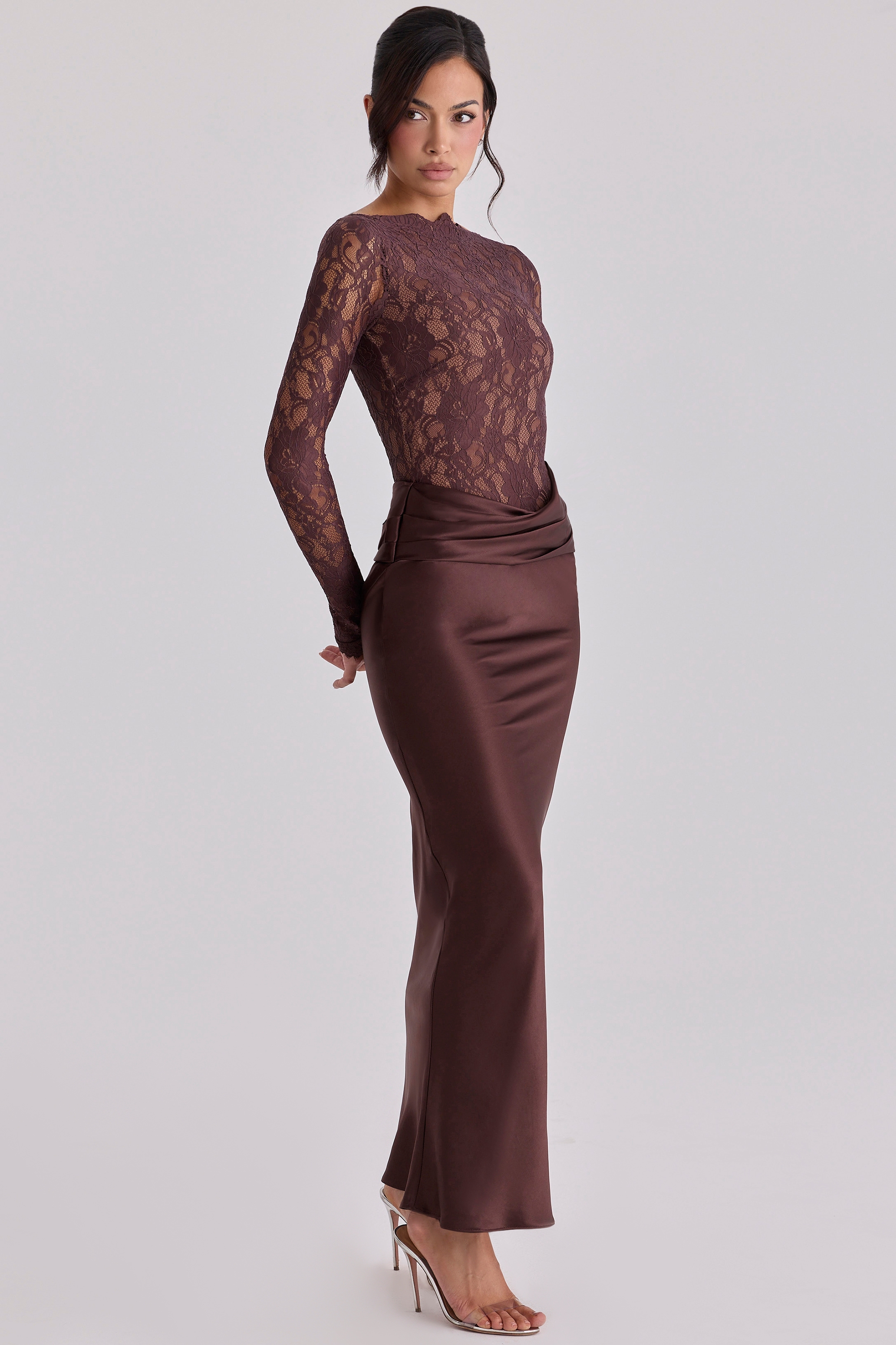 Yasmeen  Espresso Brown Lace + Satin Draped Maxi Dress — image 5