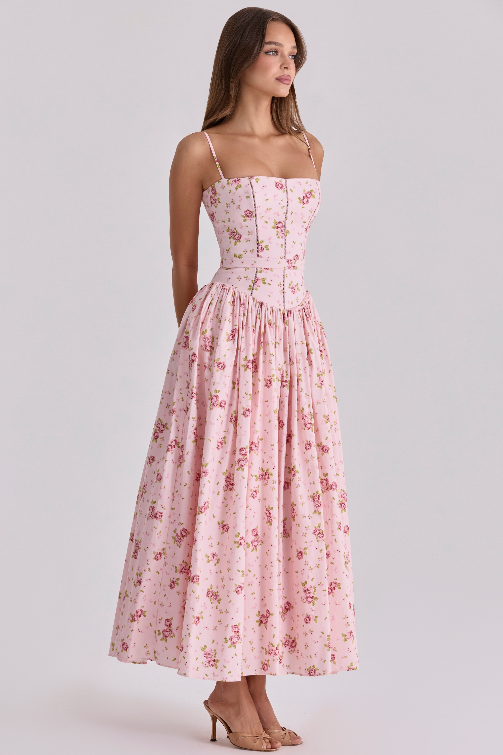 Ysabella  Pink Vintage Rose Print Cotton Midi Sundress — image 2