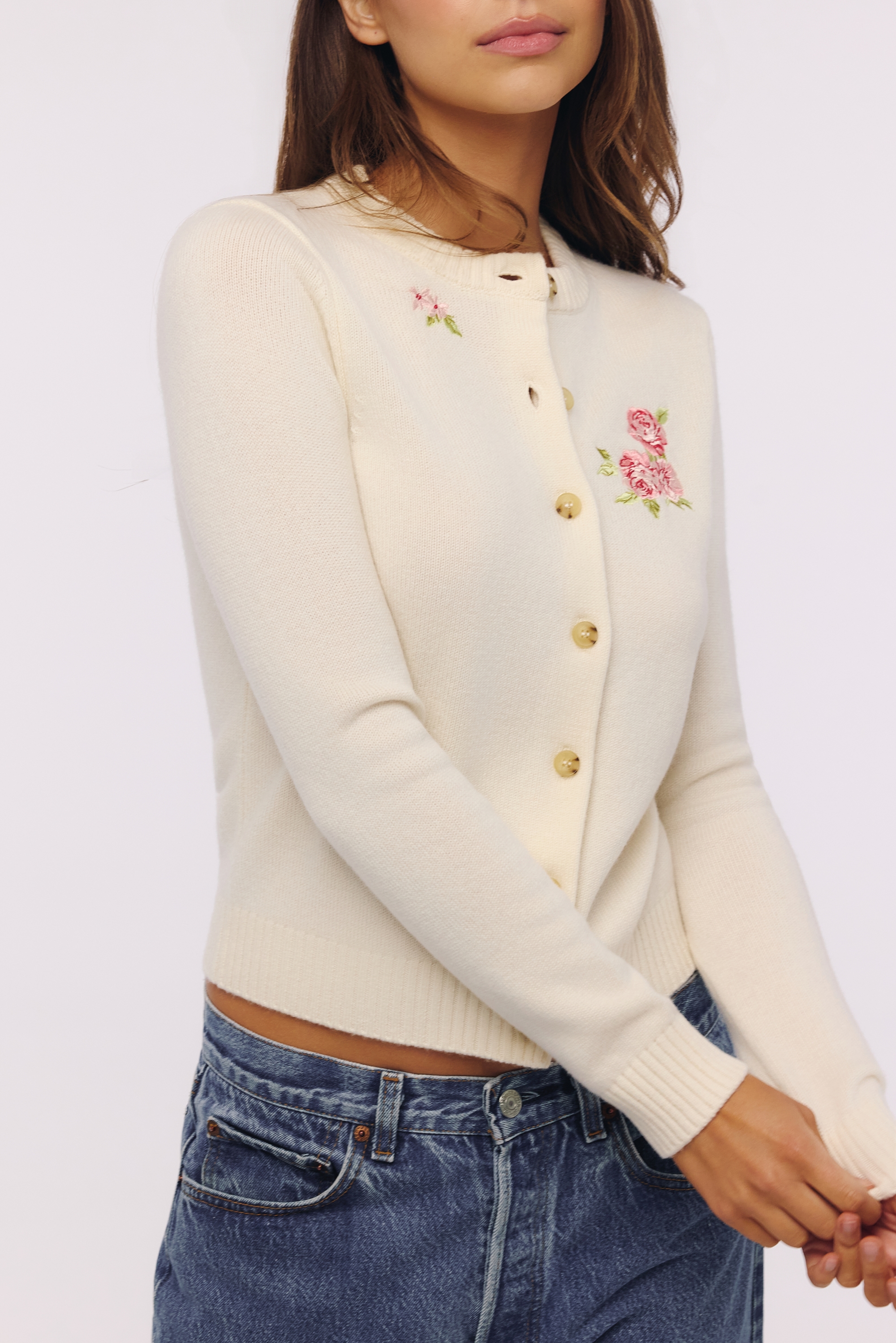 Daisie  Ivory Wool + Cashmere Floral Embroidered Cardigan — image 5