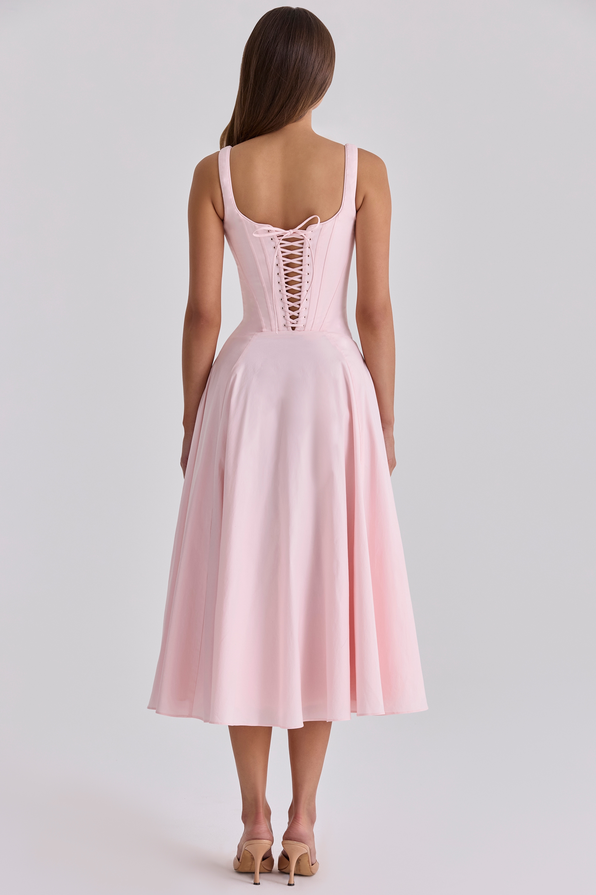 Jaime  Pink Cotton Lace Up Midi Sundress — image 8