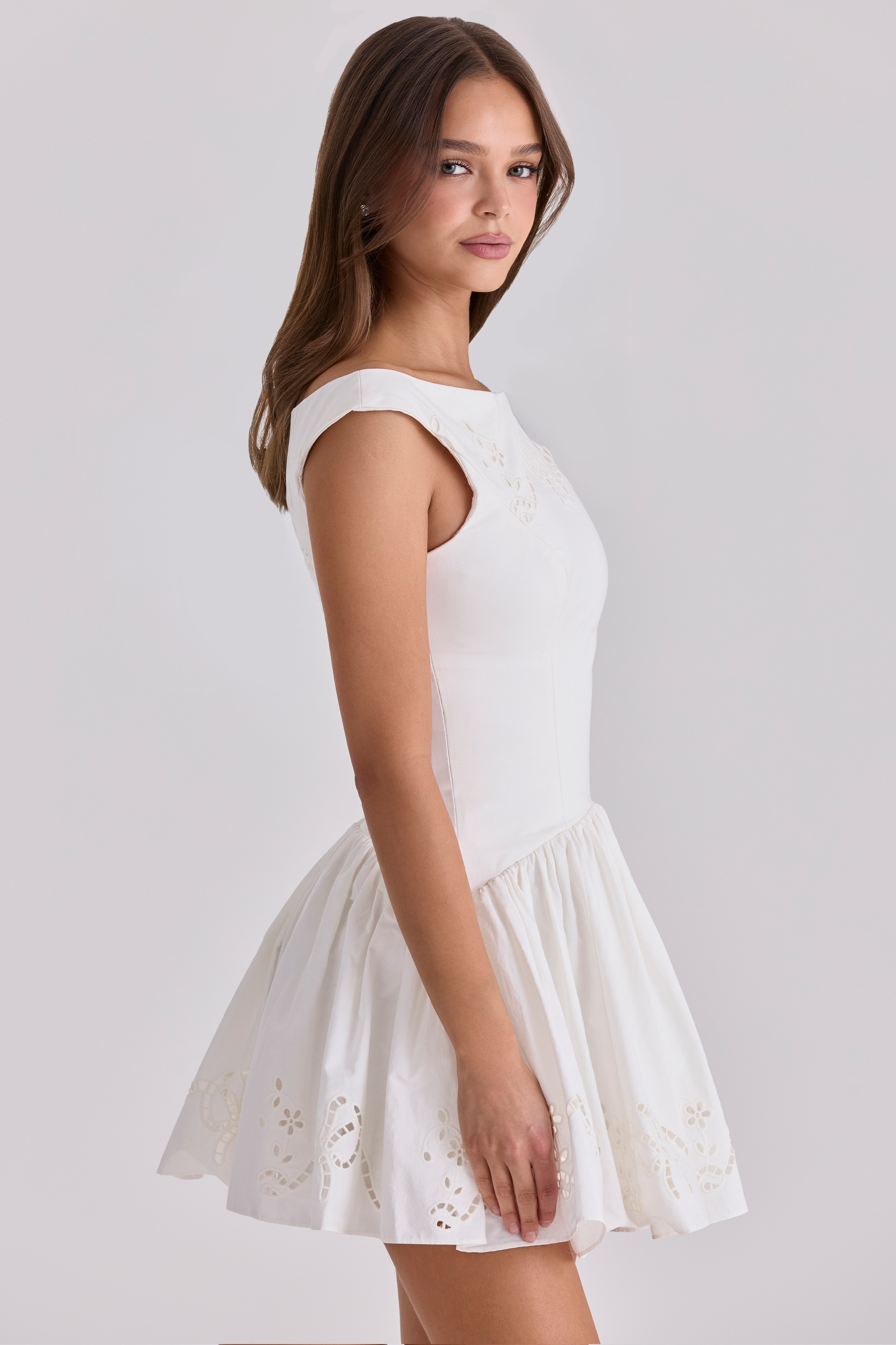 Lauren  White Cotton Broderie Anglaise Boat Neck Mini Dress — image 11