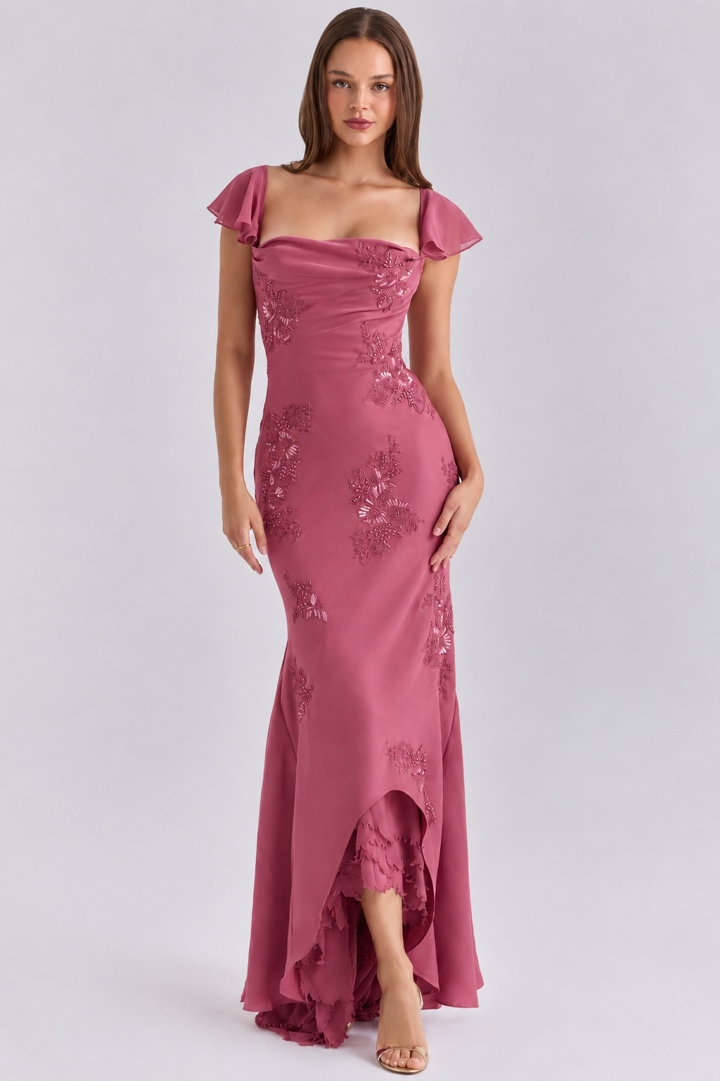 Arabella Rose Pink Satin Embellished Maxi Gown - Limited Edition