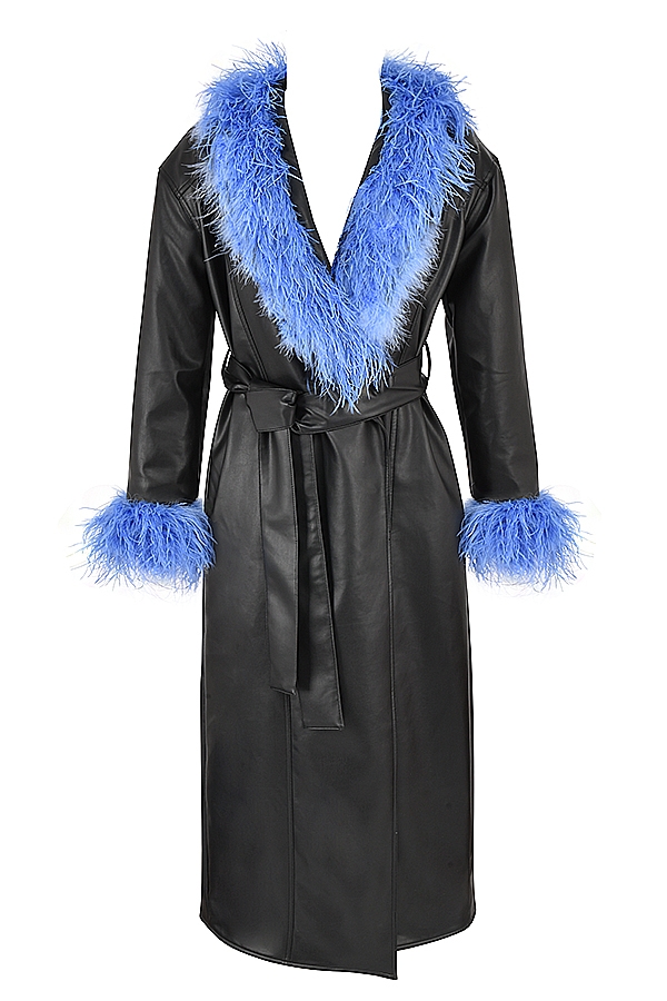 Calista  Black Vegan Leather Belted Feather Trim Maxi Coat — image 9