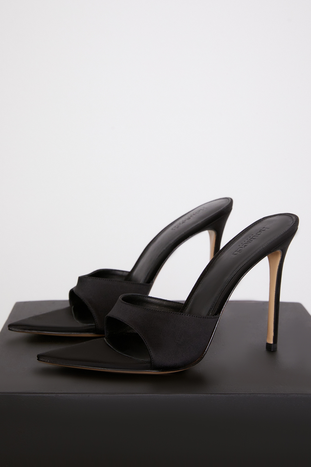 Bella  Black Satin Pointed High Heel Mules — image 3