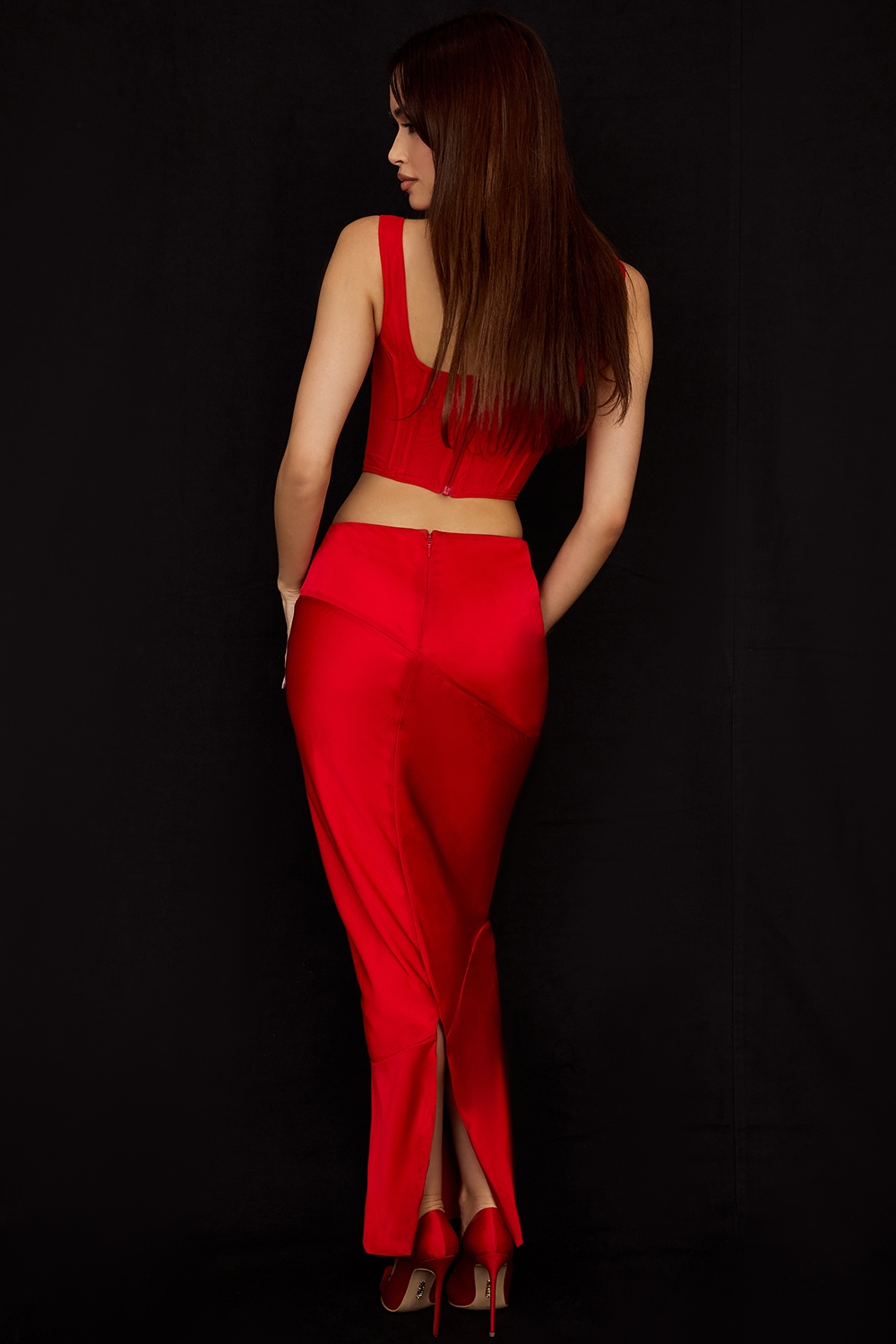 Colette  Scarlet Satin Low Waist Midi Skirt — image 8