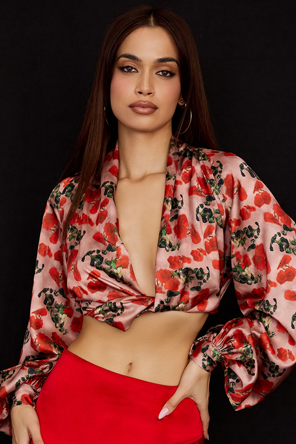 Monica  Rose Print Satin Plunge Top — image 1