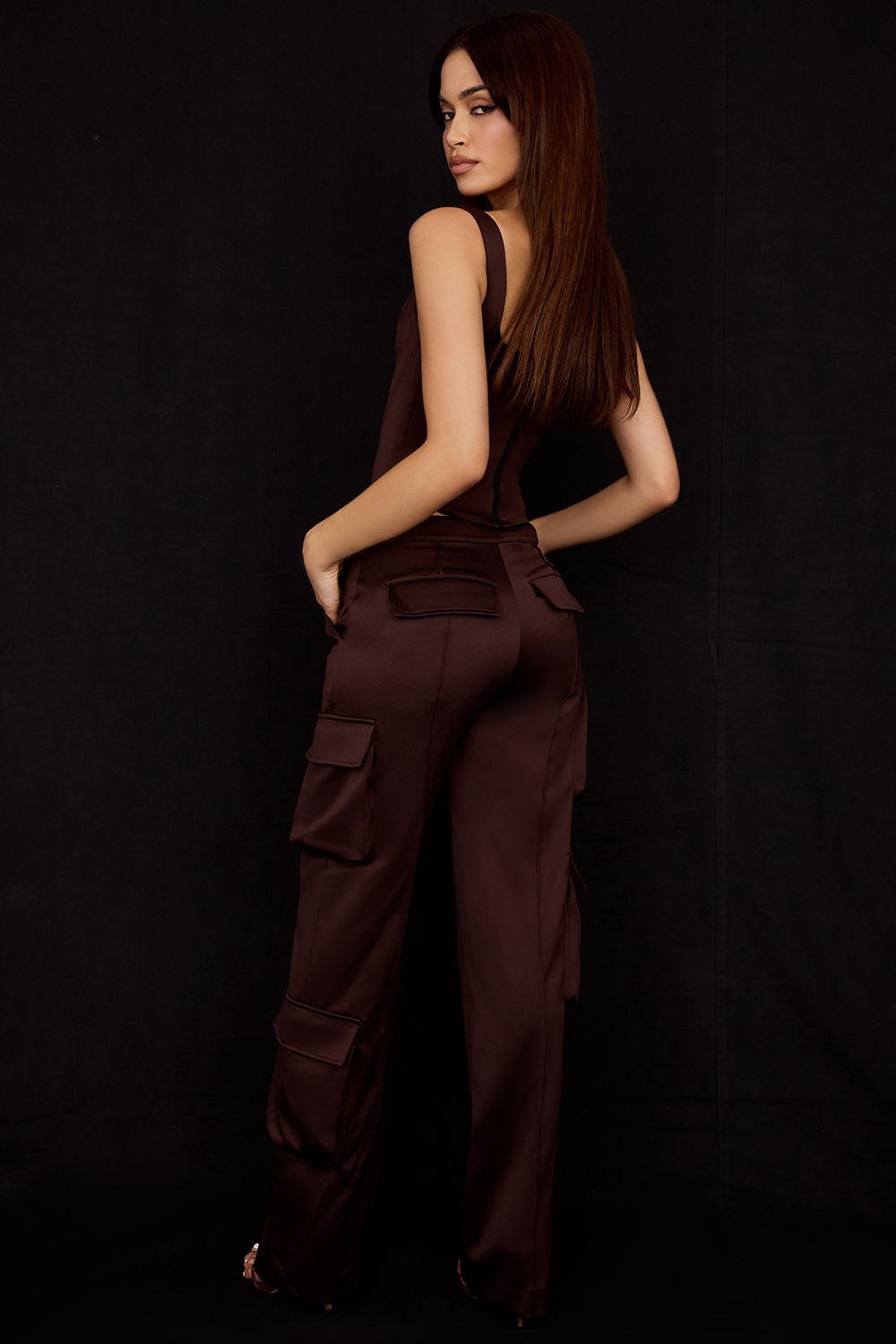 Daria  Chocolate Satin Cargo Trousers — image 7