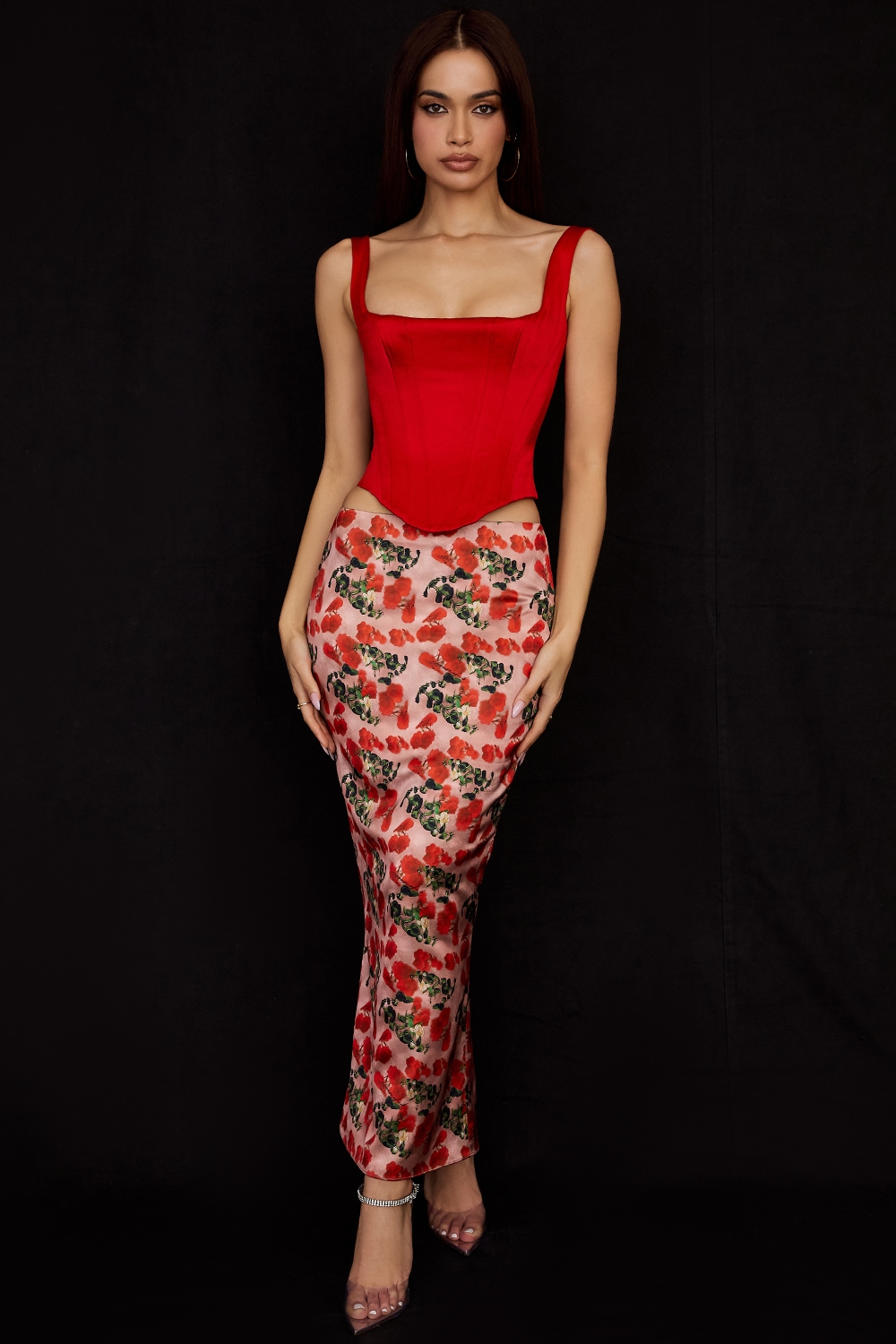 Luisette  Rose Print Satin Midi Skirt — image 3