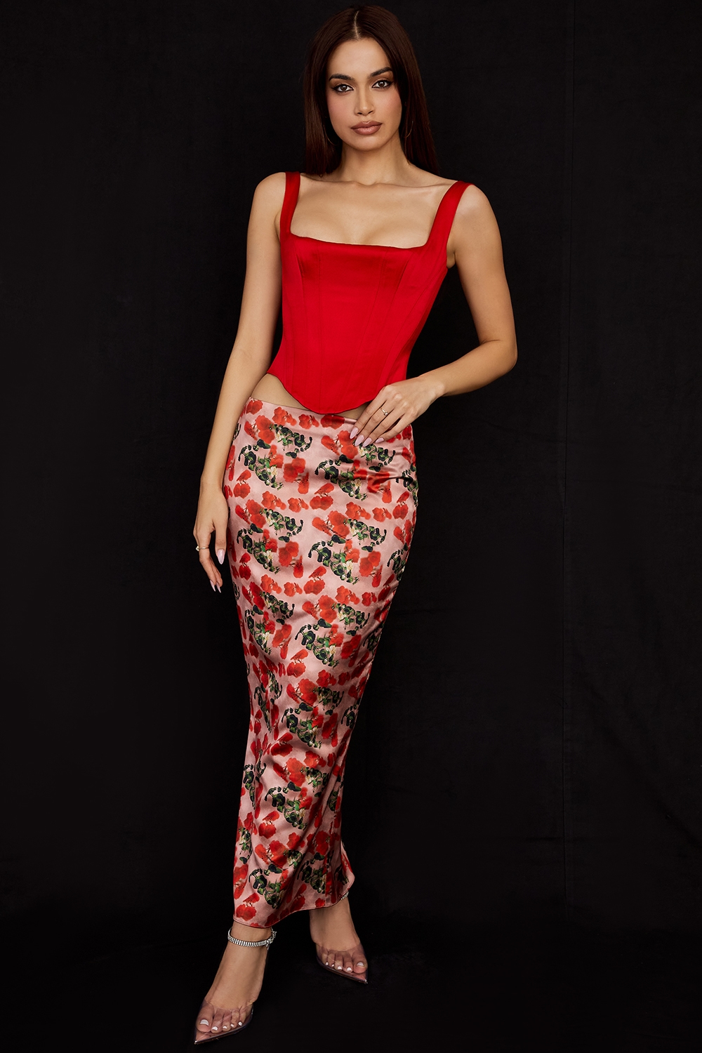 Luisette  Rose Print Satin Midi Skirt — image 7