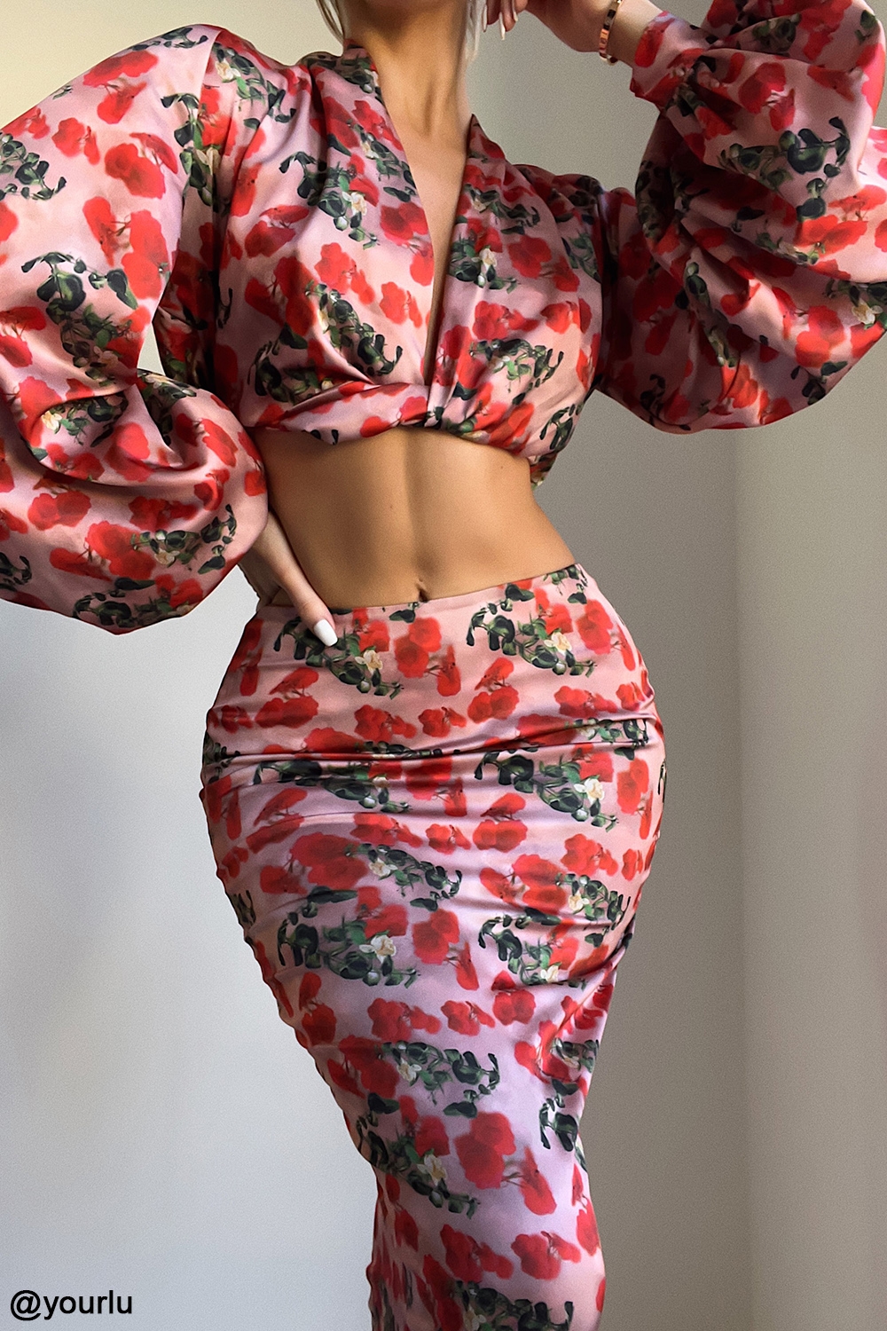 Monica  Rose Print Satin Plunge Top — image 10