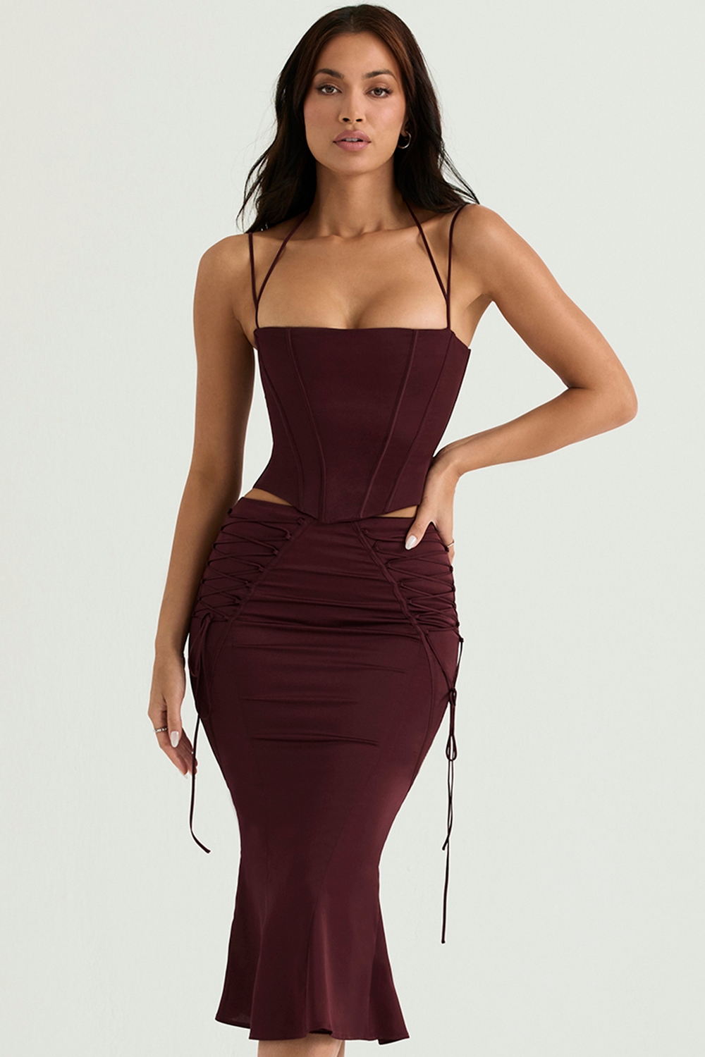Sidonie  Wine Satin Lace Up Midi Skirt — image 1
