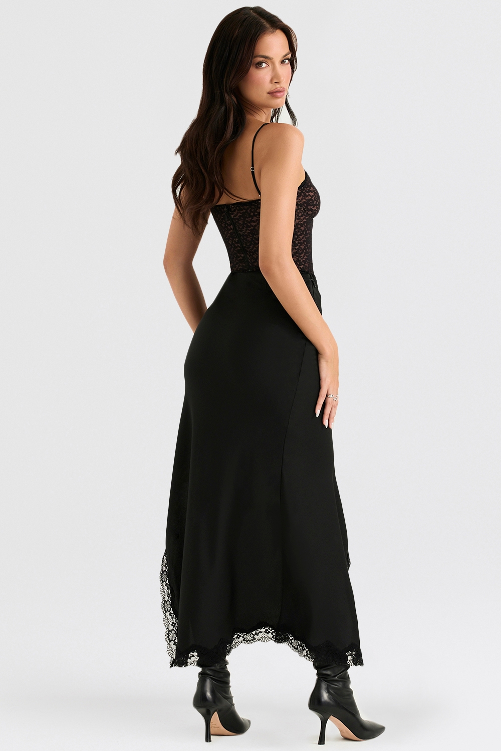 Ruby  Black Satin Lace Trim Midi Skirt — image 6