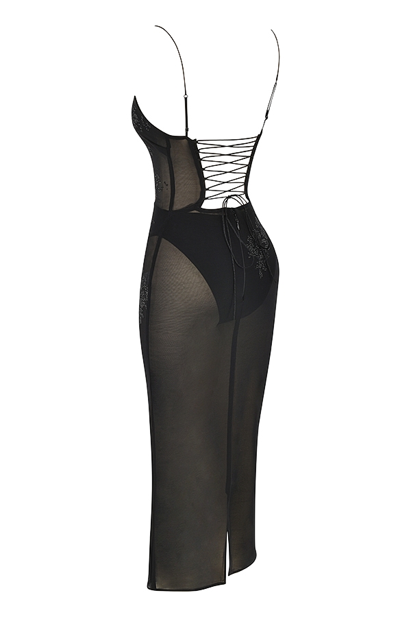 Amirah  Black Mesh Crystal Embellished Midi Dress — image 18