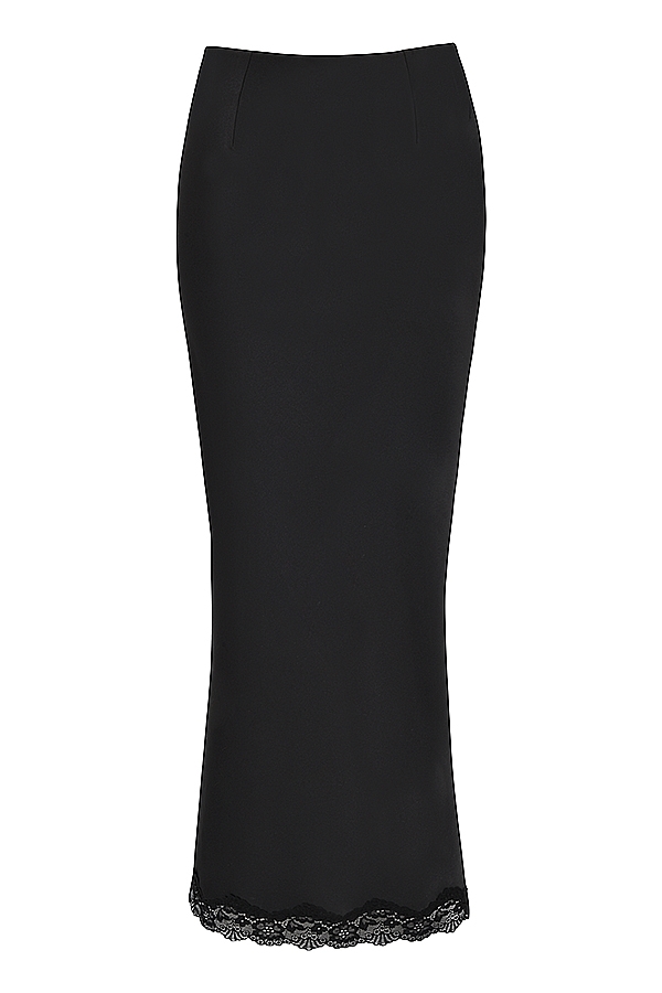 Ruby  Black Satin Lace Trim Midi Skirt — image 11