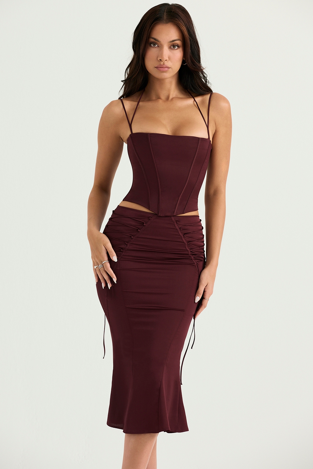 Sidonie  Wine Satin Lace Up Midi Skirt — image 5
