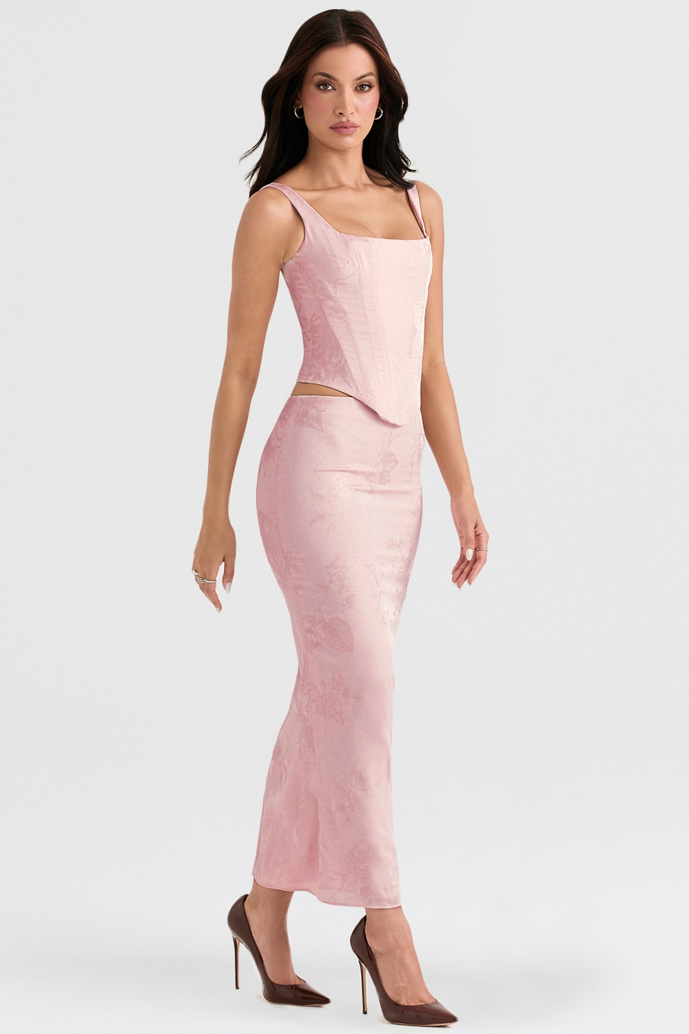 Luisette  Pink Metallic Floral Satin Midi Skirt — image 6