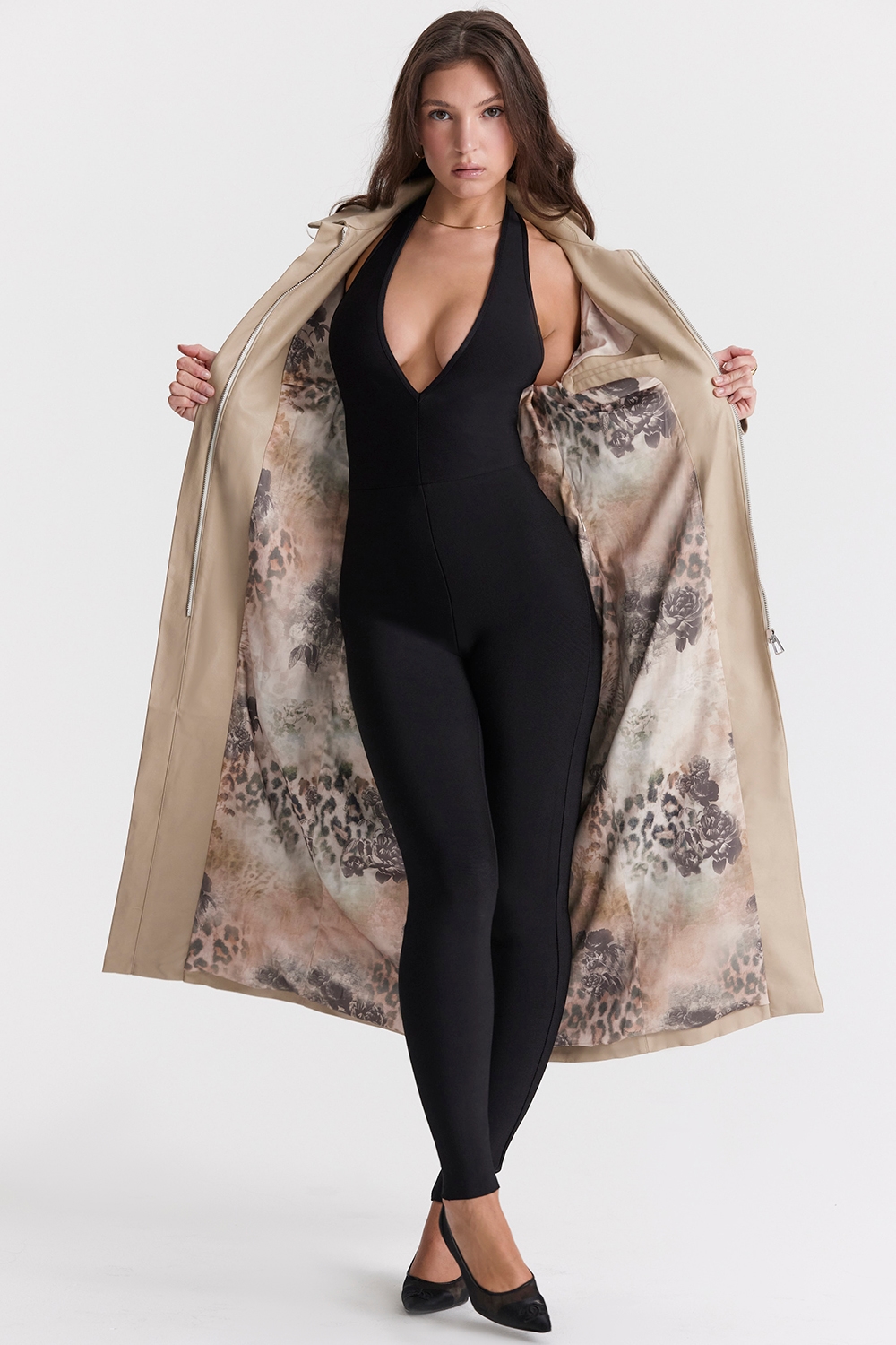 Ariel  Beige Vegan Leather Trench Coat — image 3