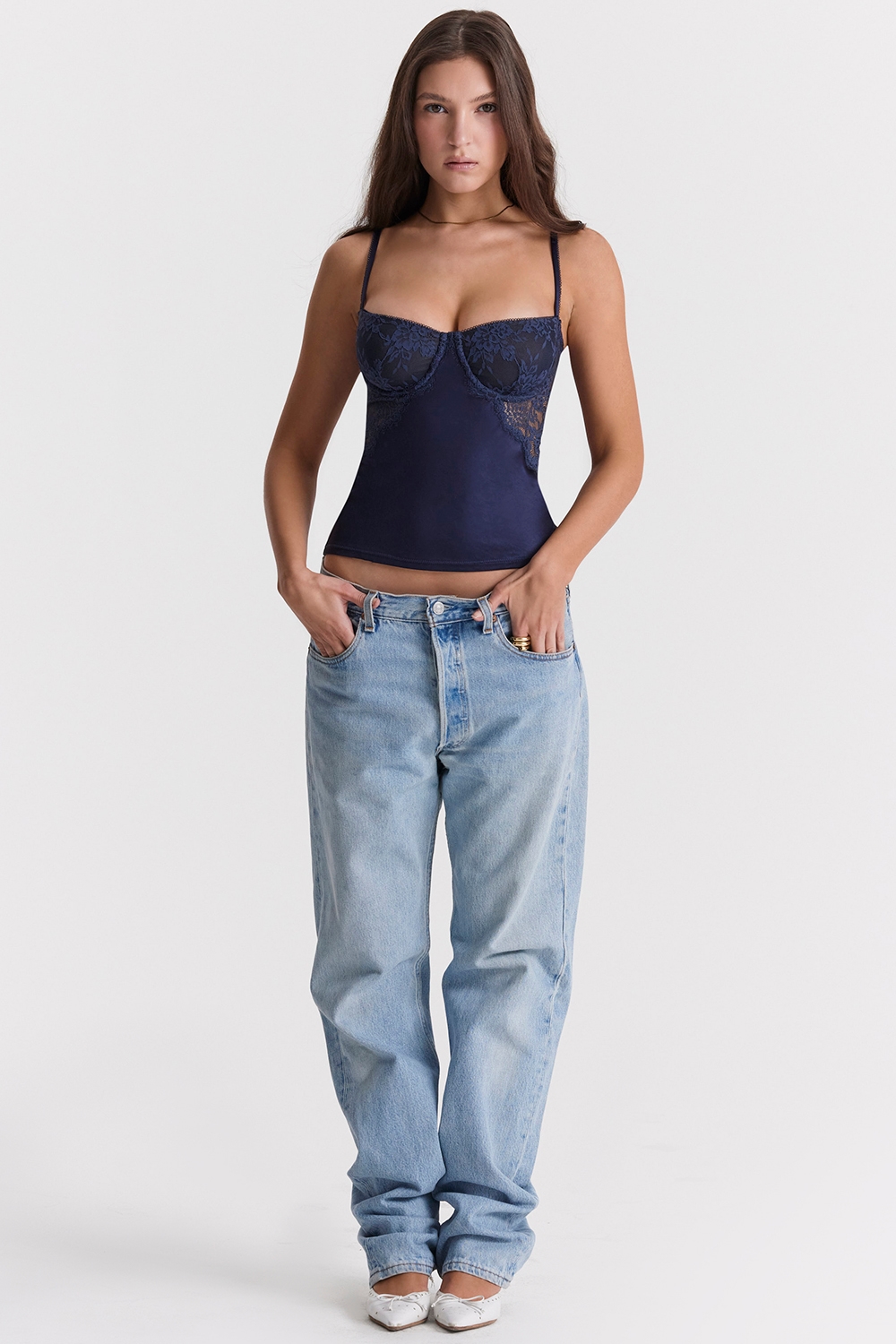 Cecilie  Navy Satin & Lace Cami Top — image 3